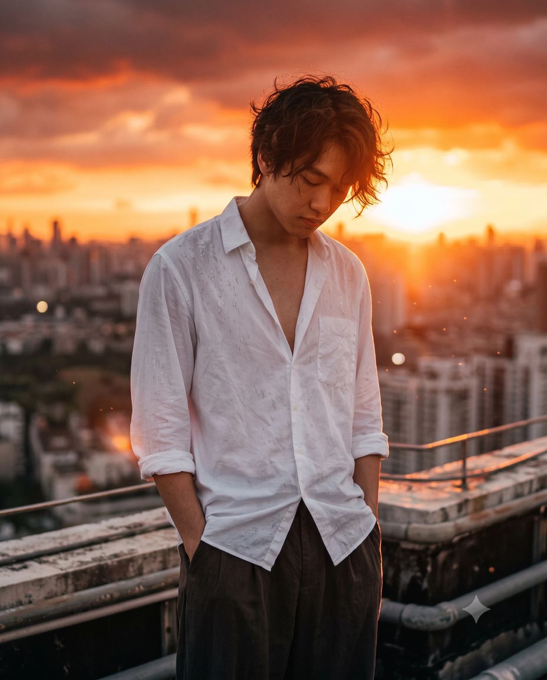 AI Photo Editing Prompt: Cinematic photo of a contemplative young man in a damp white shirt standing on a rooftop against a fiery sunset cityscape.