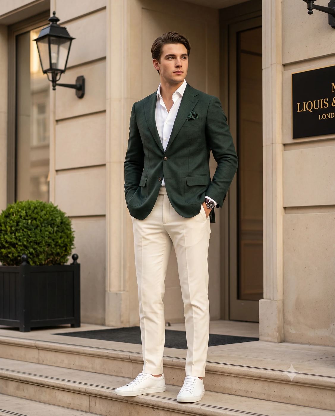 Men's Smart Casual Outfit AI Photo Editing Prompt. AI generated fashion portrait of a young man in a green blazer, white shirt, and cream trousers standing outside a luxury hotel entrance.