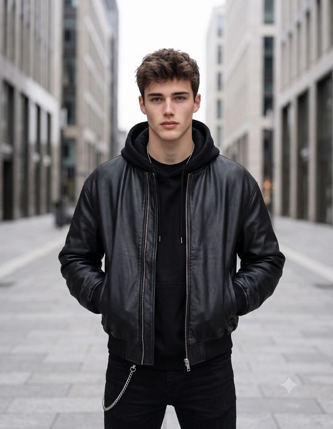 Realistic Urban Fashion Portrait AI Photo Editing Prompt. AI generated realistic portrait of a handsome young man in a black leather jacket and hoodie standing on a modern city street.