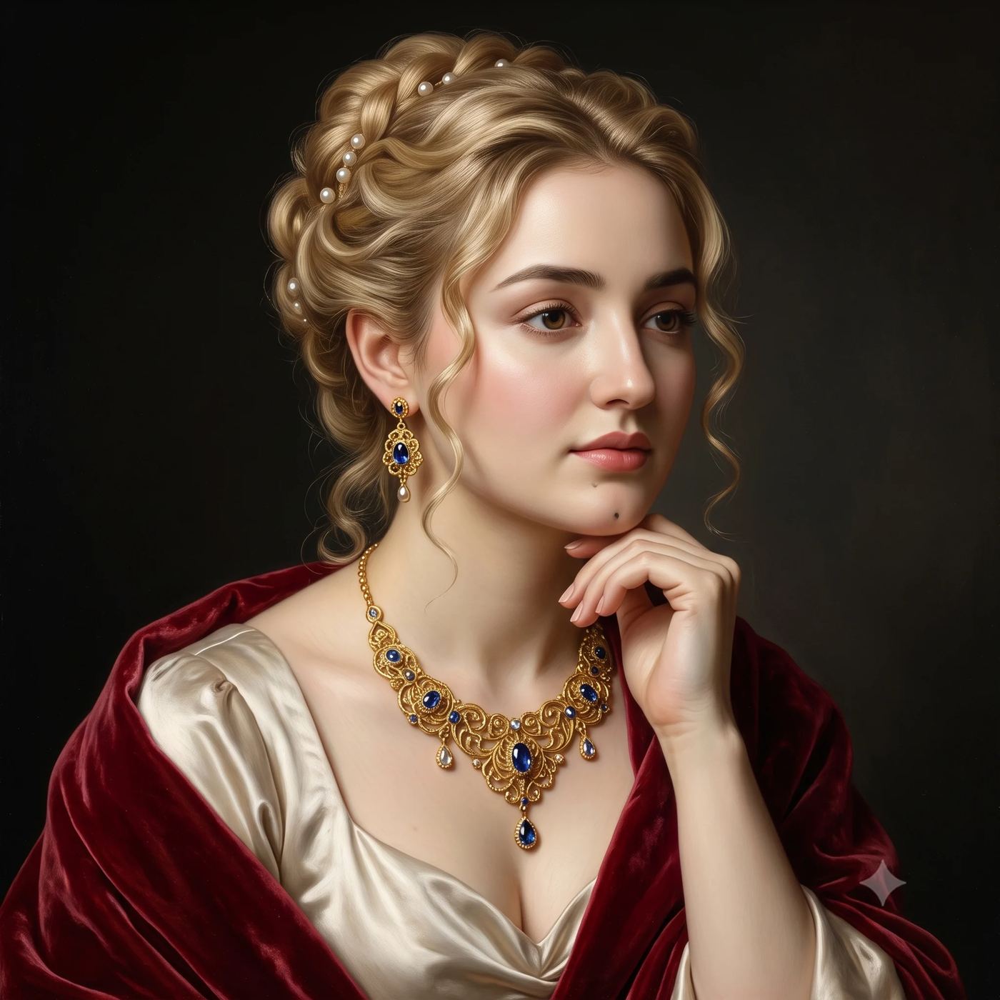 AI Photo Editing Prompt: Elegant Renaissance-style painterly portrait of a noblewoman with blonde hair in a classic updo, wearing sapphire jewelry and a crimson velvet shawl.