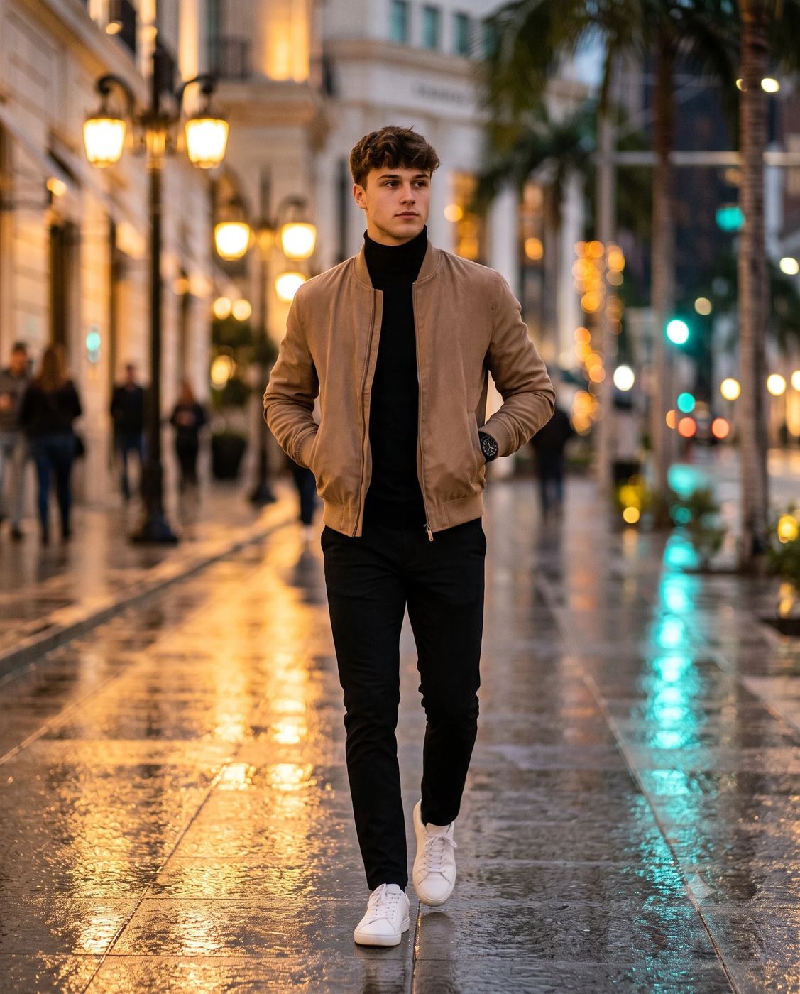Urban Men's Fashion Photography AI Photo Editing Prompt. AI generated photorealistic portrait of a stylish man wearing a tan bomber jacket walking on a wet city street at night.