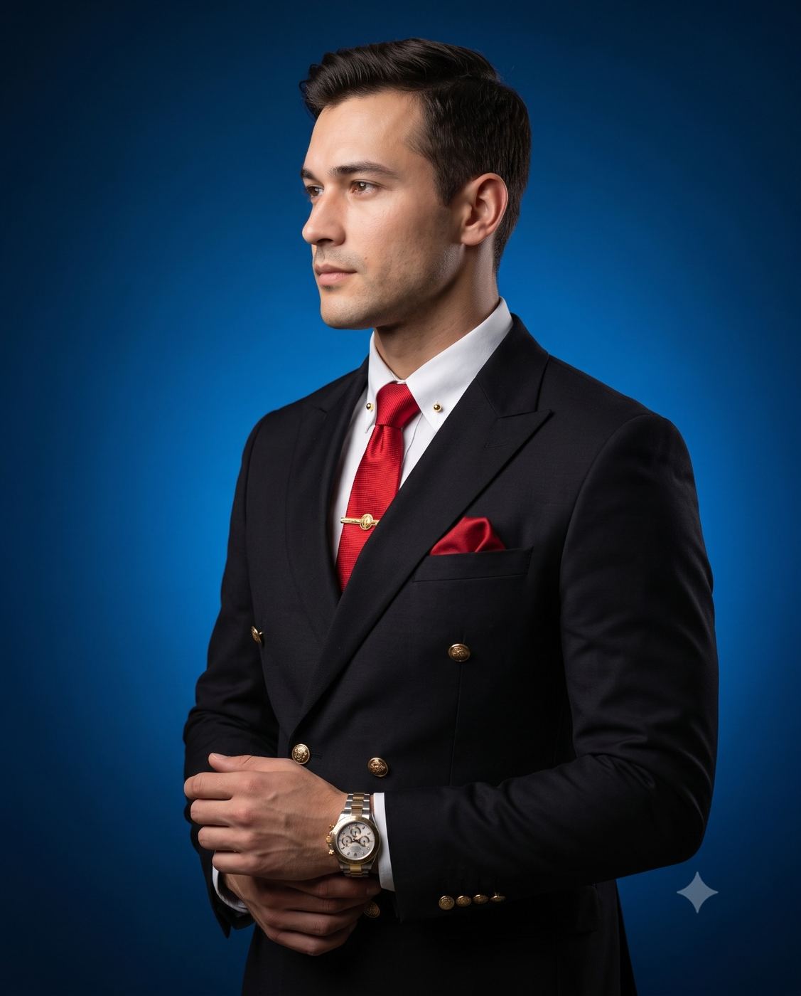 Man in Black Suit Corporate Portrait AI Photo Editing Prompt. AI generated studio portrait of a man wearing a black double-breasted suit, red tie, and luxury watch against a blue background.