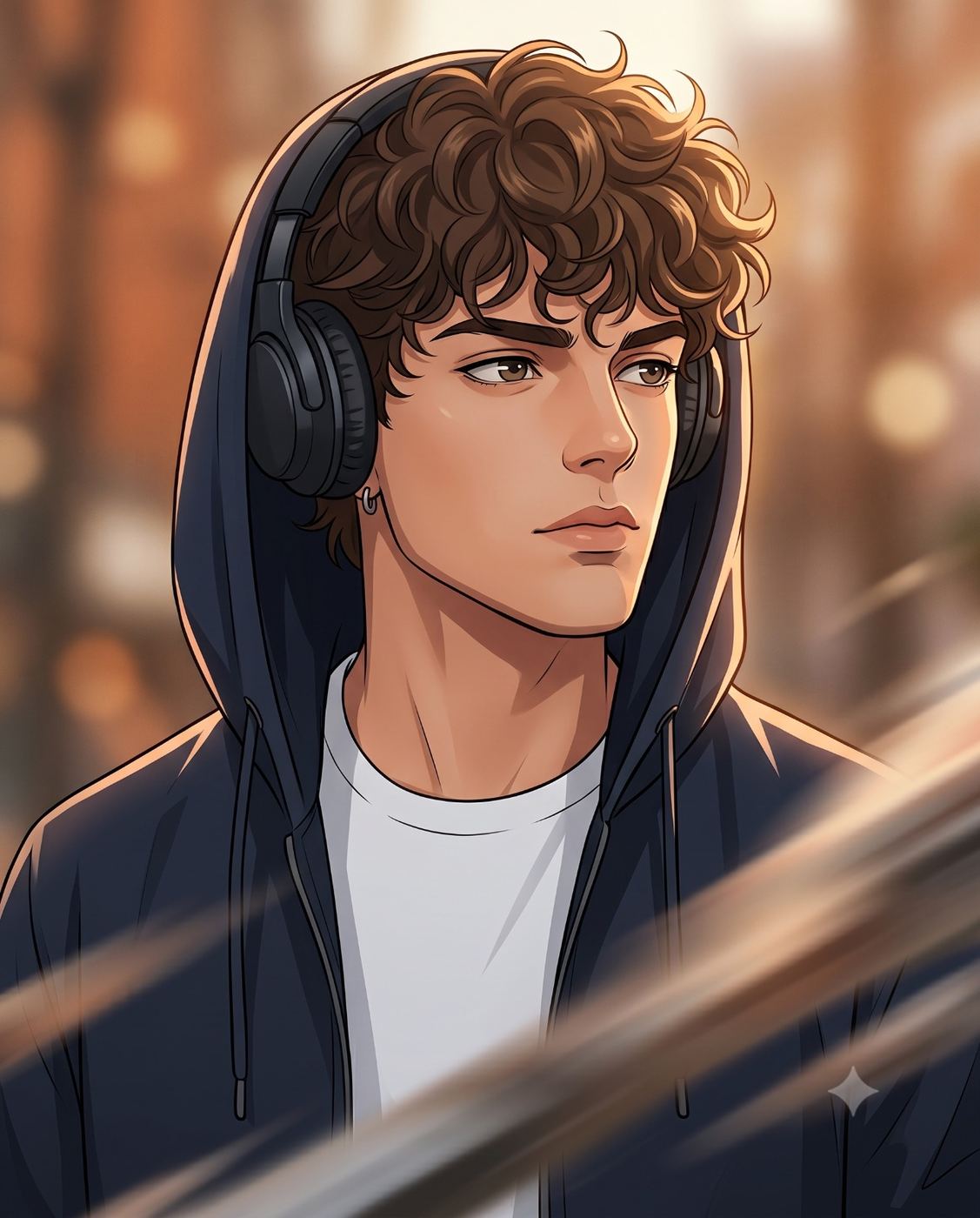 Anime Boy with Headphones in Hoodie Digital Illustration AI Photo Editing Prompt. AI generated digital illustration of a handsome anime-style young man with curly brown hair wearing a black hoodie and headphones looking away against a blurred aesthetic background.