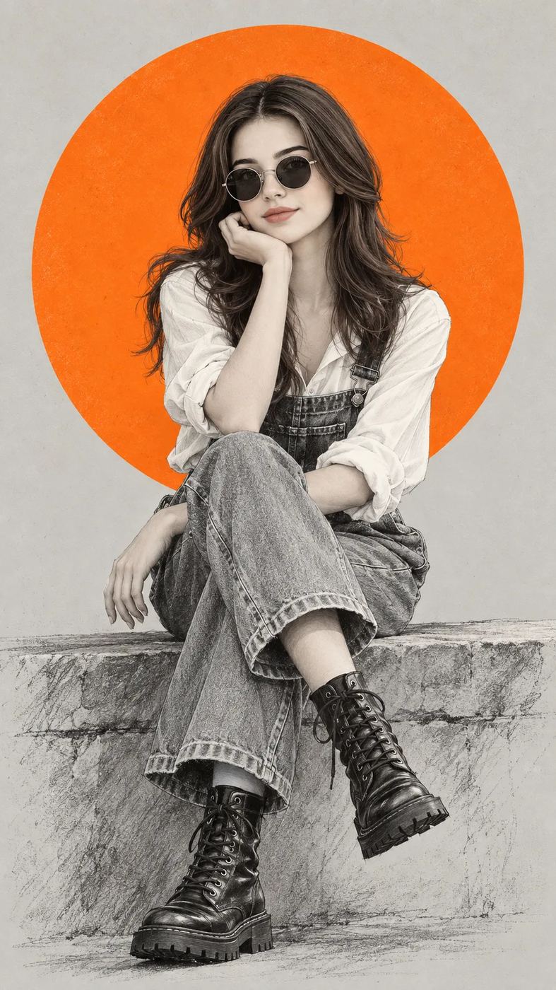 AI Photo Editing Prompt: Minimalist charcoal sketch portrait of a woman wearing combat boots and overalls, contrasted by a solid orange geometric background.