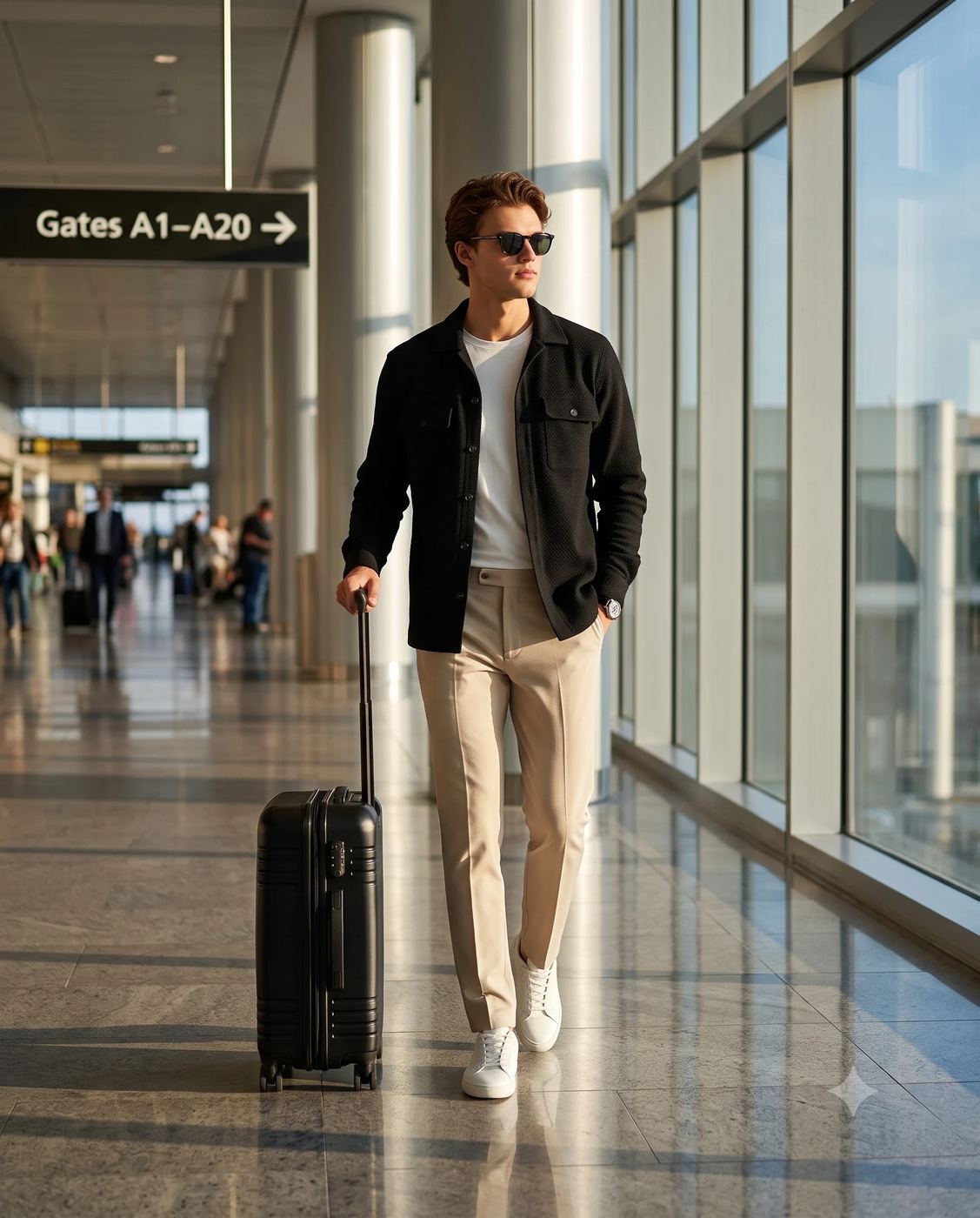 AI-generated photo of men's airport travel fashion, featuring a stylish young man in a black jacket and sunglasses walking through a bright terminal pulling a black rolling suitcase.
