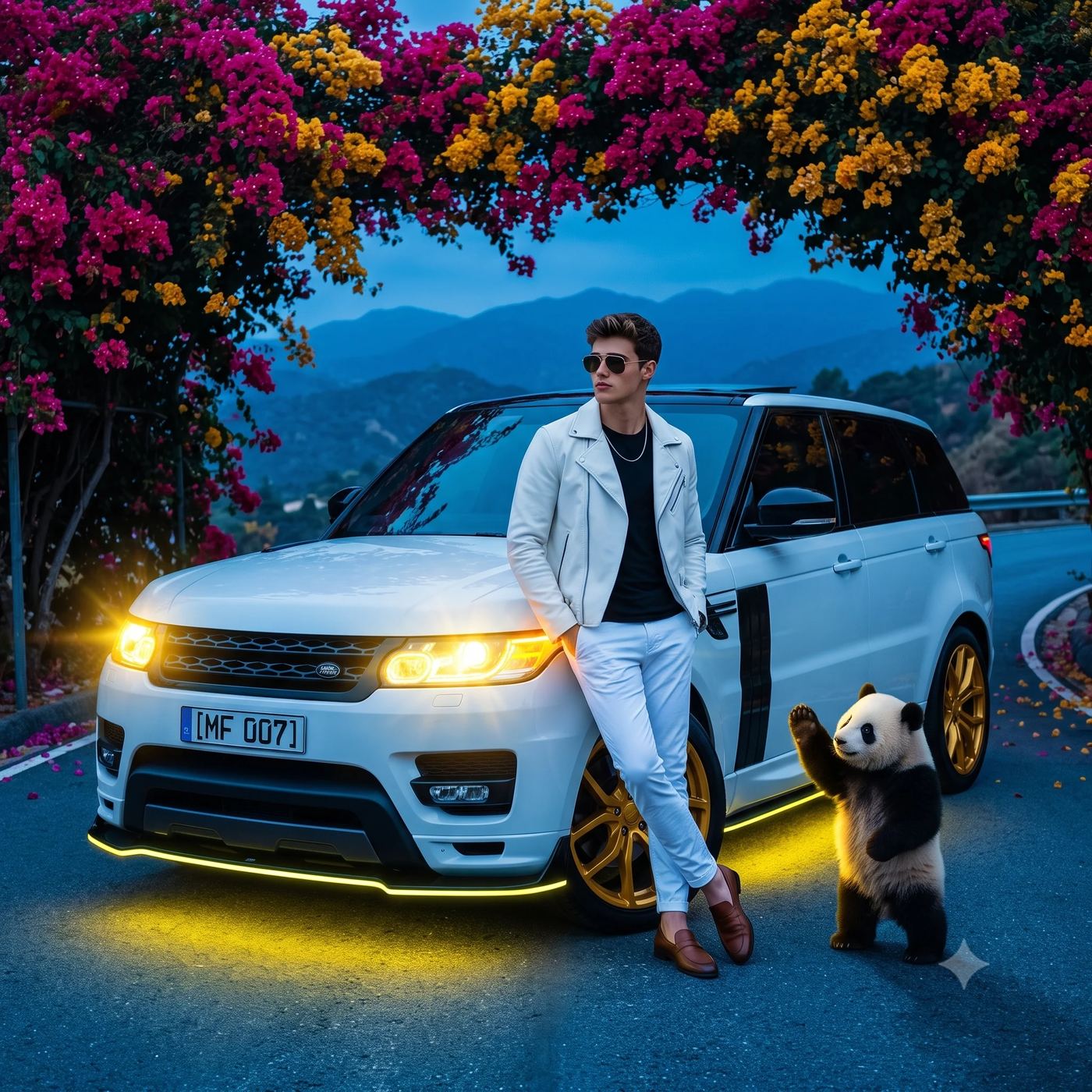 AI generated cinematic portrait of a young man in a white leather jacket leaning on a white Range Rover Sport with glowing yellow underglow, posing beside a panda under blooming bougainvillea flowers at dusk.