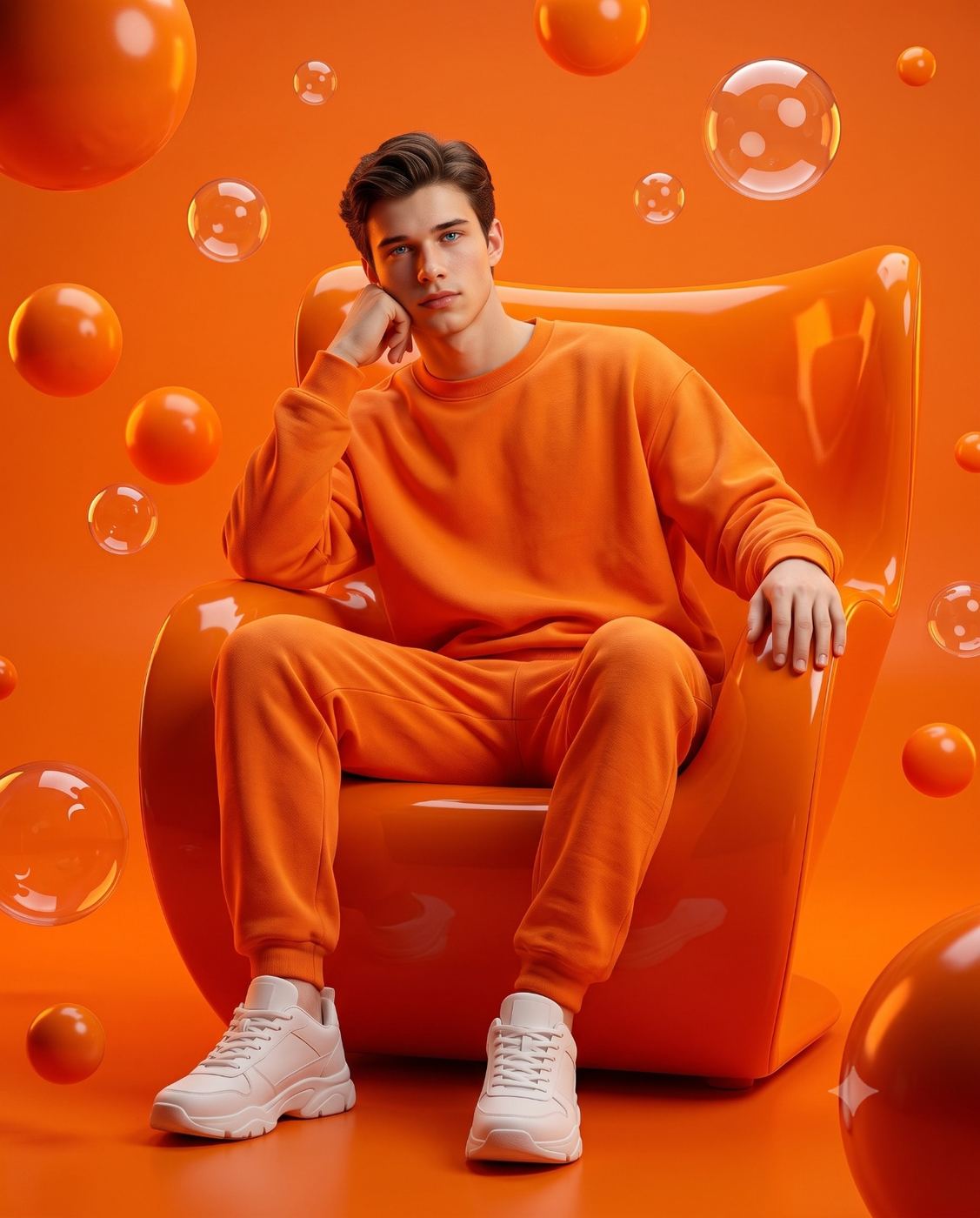 Man in Orange Sweatsuit Monochrome Portrait AI Photo Editing Prompt. AI generated surreal studio portrait of a handsome young man sitting on an orange chair surrounded by floating orange spheres and transparent bubbles in a vibrant all-orange setting.