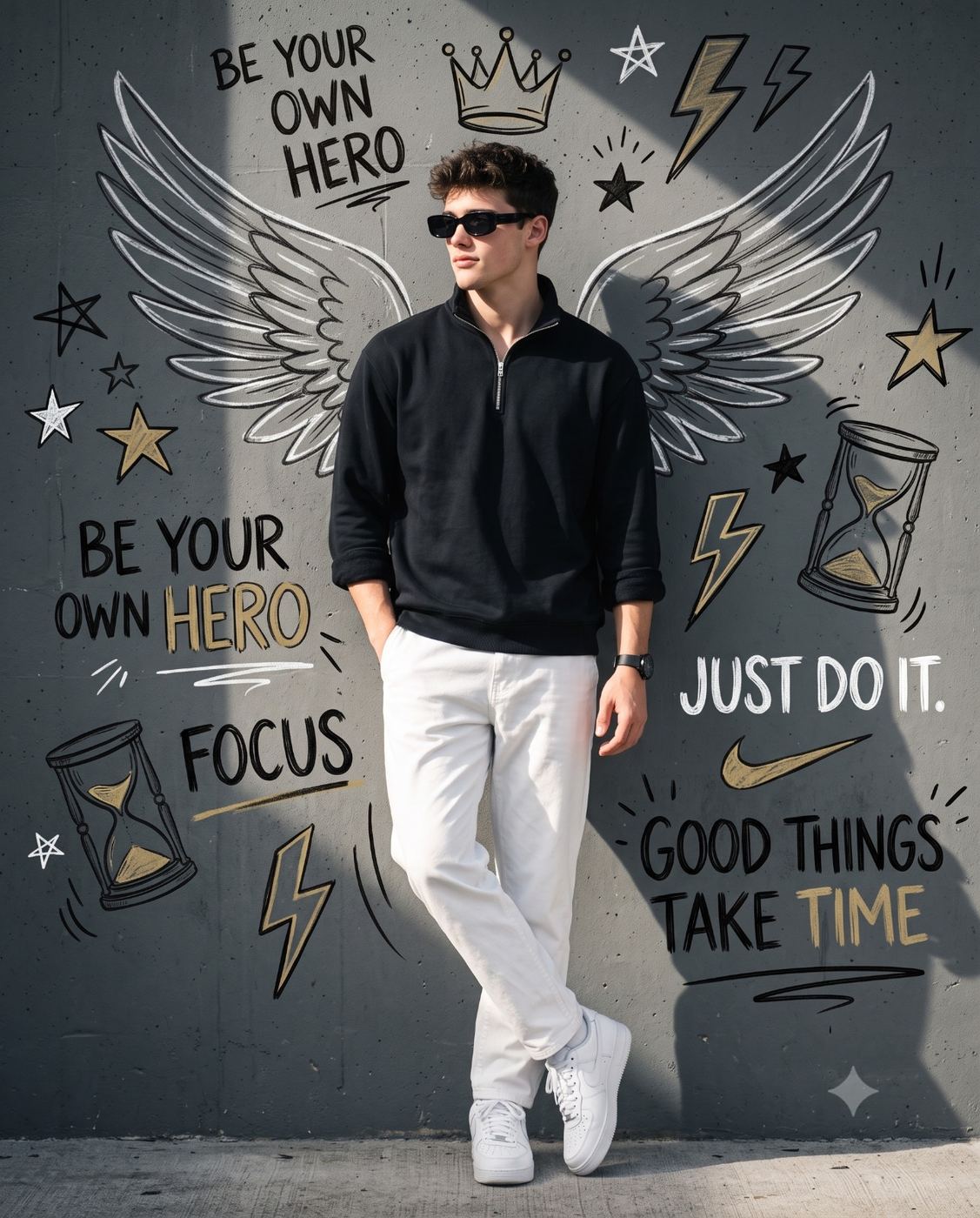 Man with Angel Wings Mural in Black Streetwear AI Photo Editing Prompt. AI generated urban portrait of a stylish man in a black quarter-zip sweatshirt and white pants standing against a chalk-art wall featuring angel wings and motivational quotes.