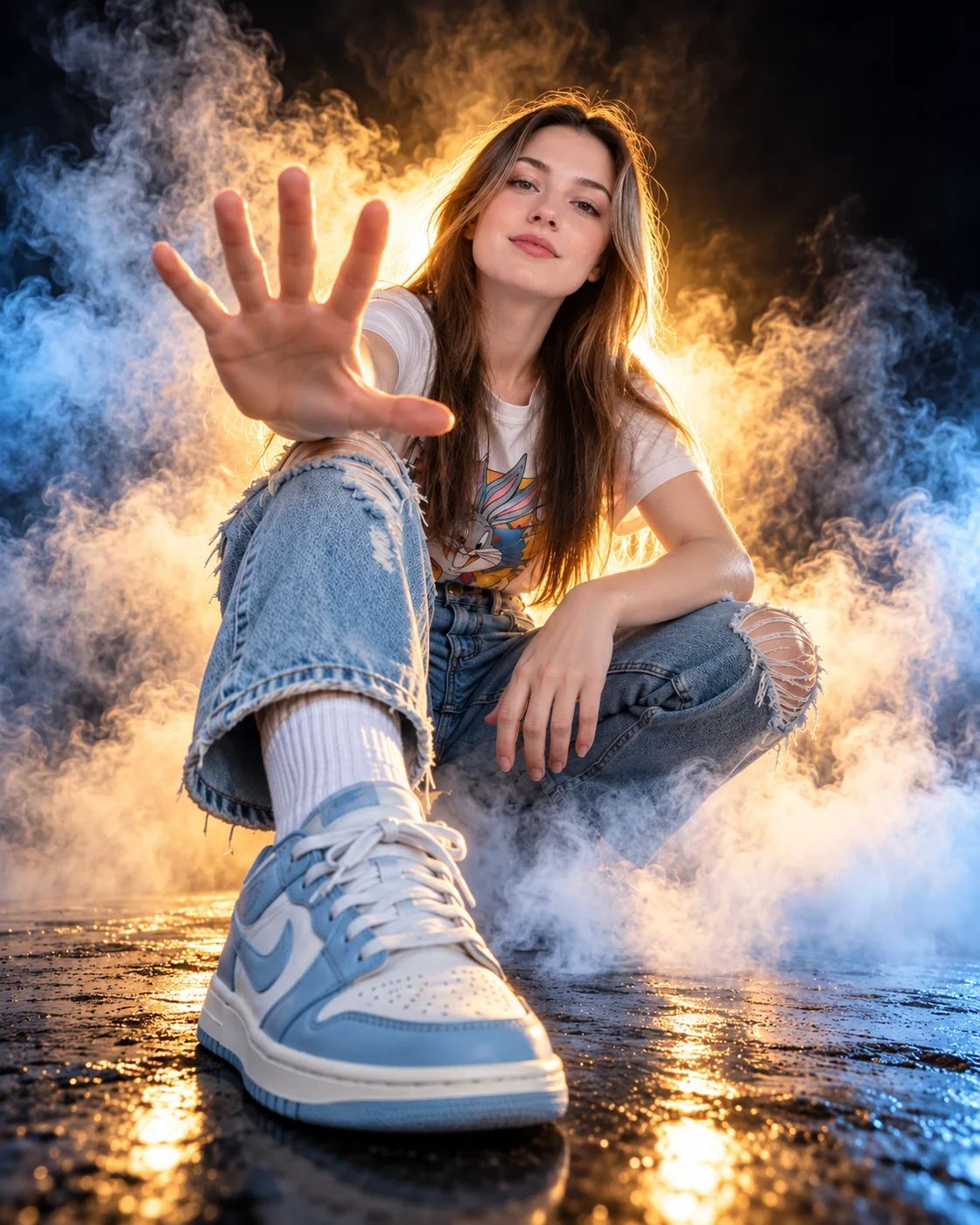 AI Photo Editing Prompt: Low-angle cinematic portrait of a girl in a graphic tee and ripped jeans crouching amidst warm glowing smoke with her hand reaching toward the lens.