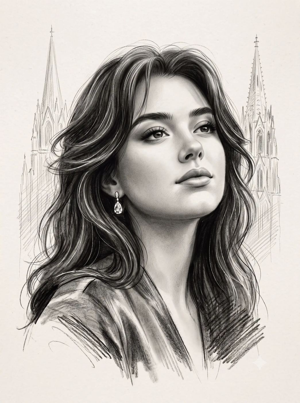 AI Photo Editing Prompt: Hyper-realistic charcoal sketch picture of a beautiful woman looking up with faint Gothic cathedral spires in the background.
