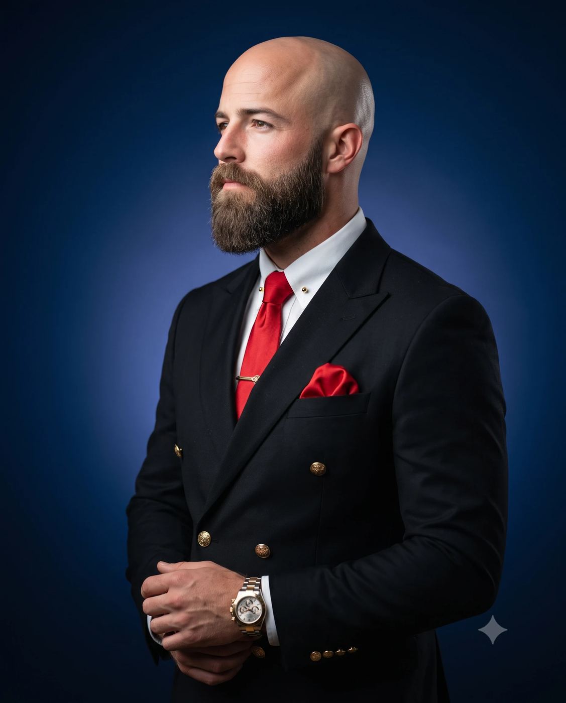 AI Photo Editing Prompt: High-end corporate portrait of a bald man with a full beard wearing a black suit and red pocket square looking left against a cinematic blue background.