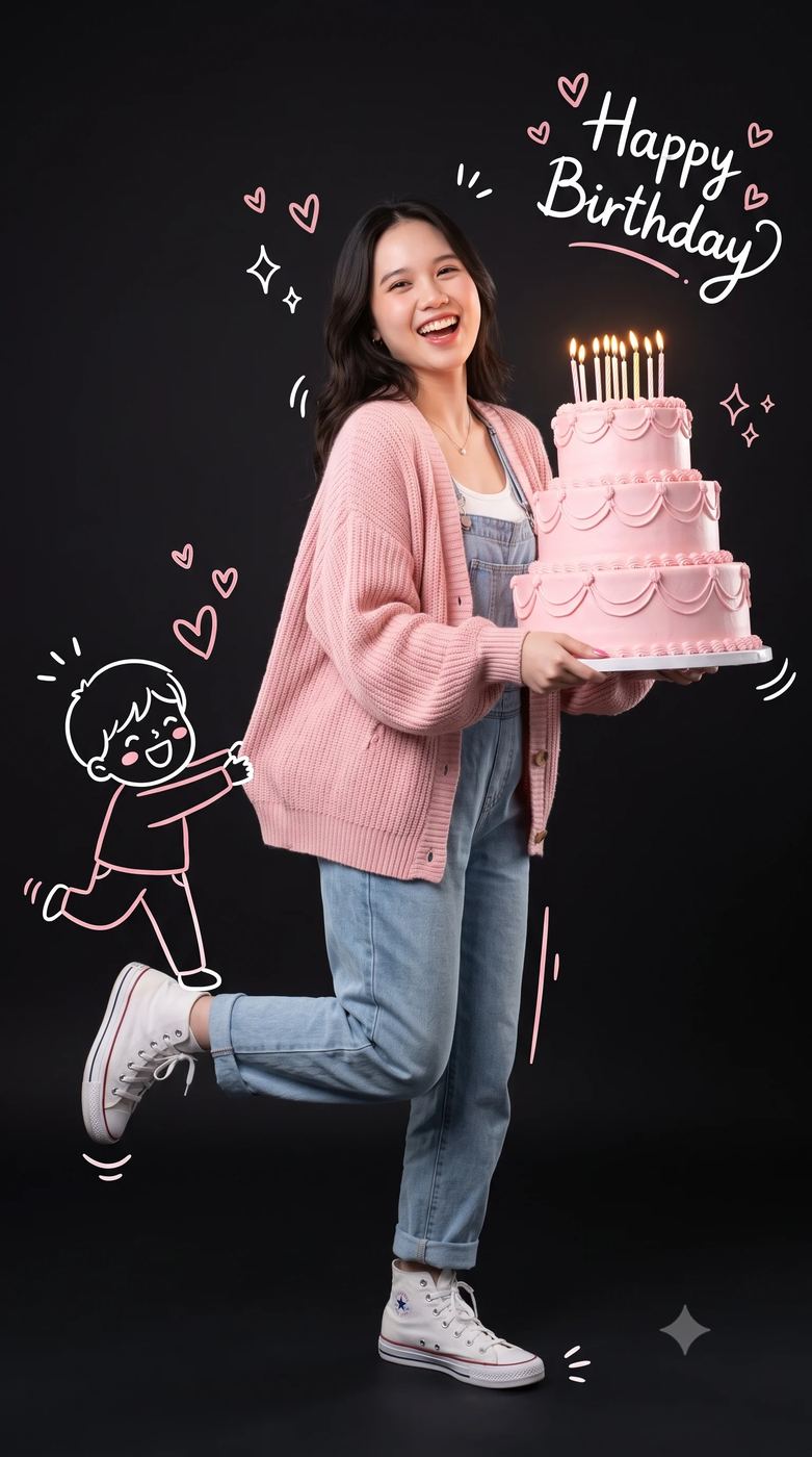 Creative Doodle Birthday Portrait AI Photo Editing Prompt. AI generated studio portrait of a cheerful young woman in a pink cardigan holding a tiered pink cake, surrounded by playful hand-drawn doodles on a dark background.