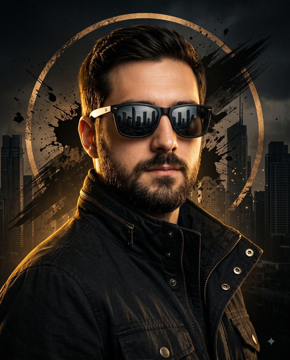 Bearded Man in Black Jacket with City Reflection Sunglasses AI Photo Editing Prompt. AI generated digital portrait of a bearded man wearing black sunglasses reflecting a city skyline, dressed in a black jacket against a dark background with a golden circular design and grunge splatter effects.