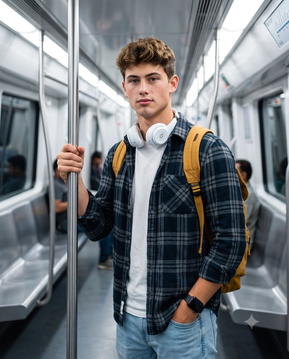 Photorealistic Subway Commuter Portrait AI Photo Editing Prompt. AI generated realistic portrait of a young man with headphones and a yellow backpack holding onto a pole inside a modern metro car.