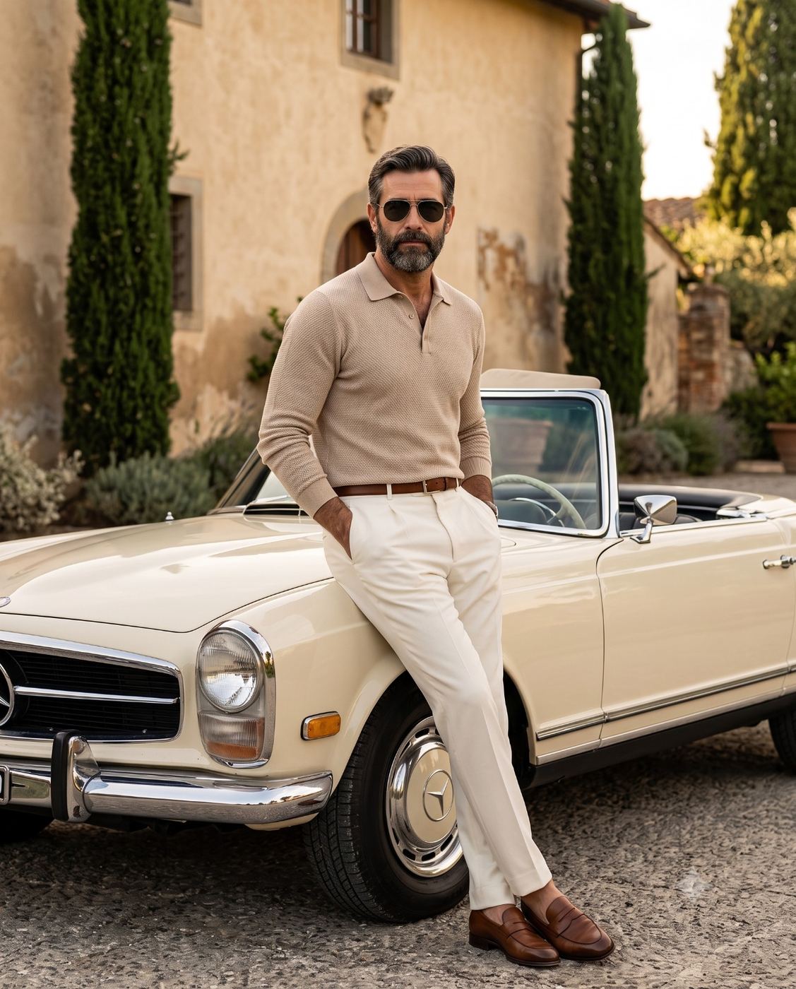 Stylish Man with Vintage Car Cinematic Portrait AI Photo Editing Prompt. AI generated cinematic portrait of a bearded man in a beige polo leaning against a white convertible car.