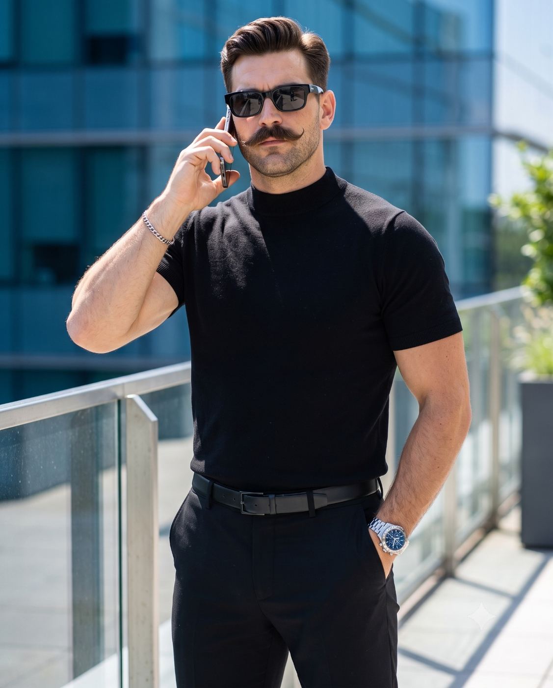 Man in Black Outfit Urban Portrait AI Photo Editing Prompt. AI generated lifestyle portrait of a stylish muscular man with a mustache and sunglasses talking on a smartphone on a modern city balcony.