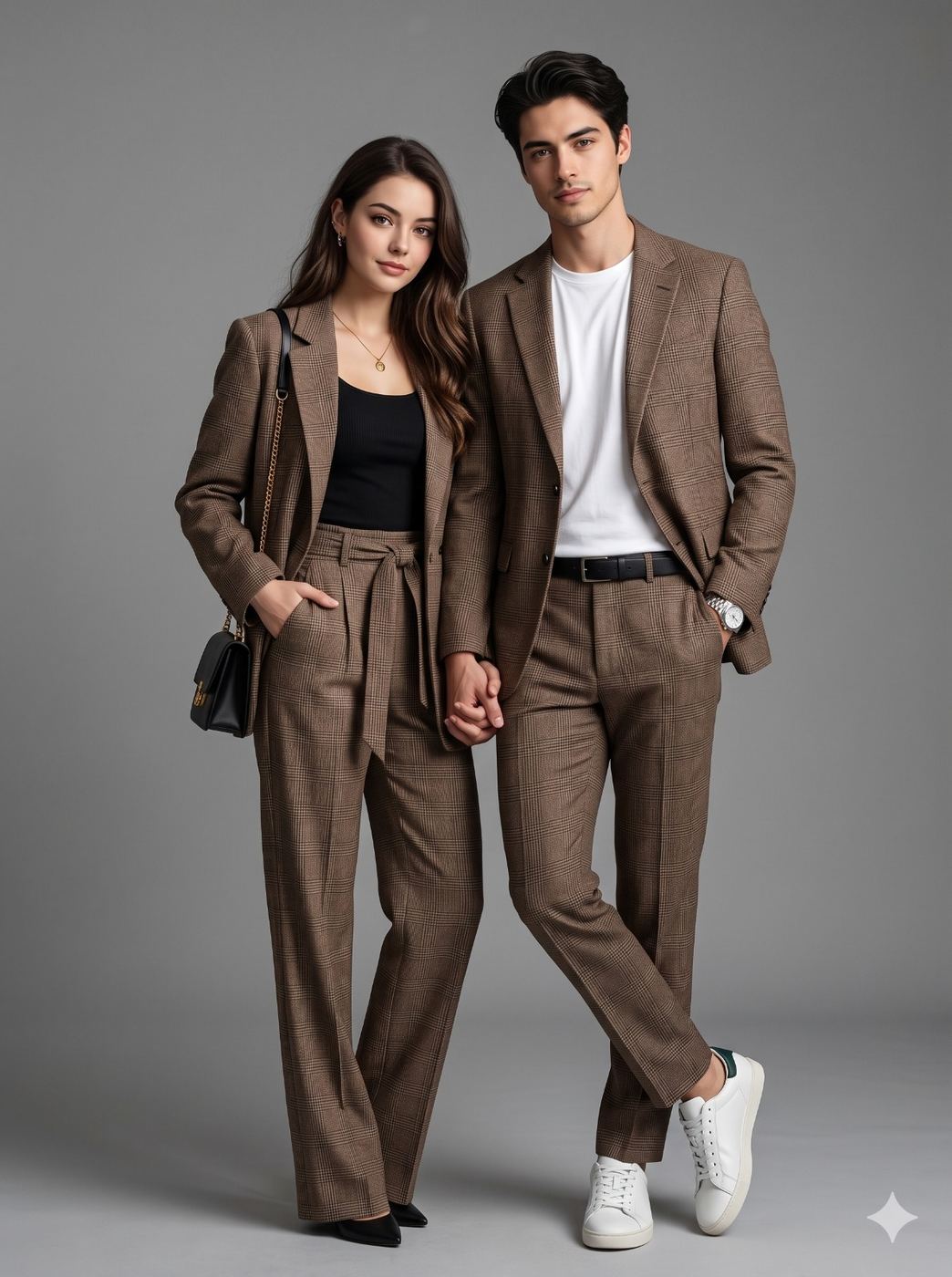 Couple in Matching Plaid Suits AI Photo Editing Prompt. AI generated studio portrait of a stylish couple holding hands while wearing coordinated brown plaid suits in a modern studio setting.