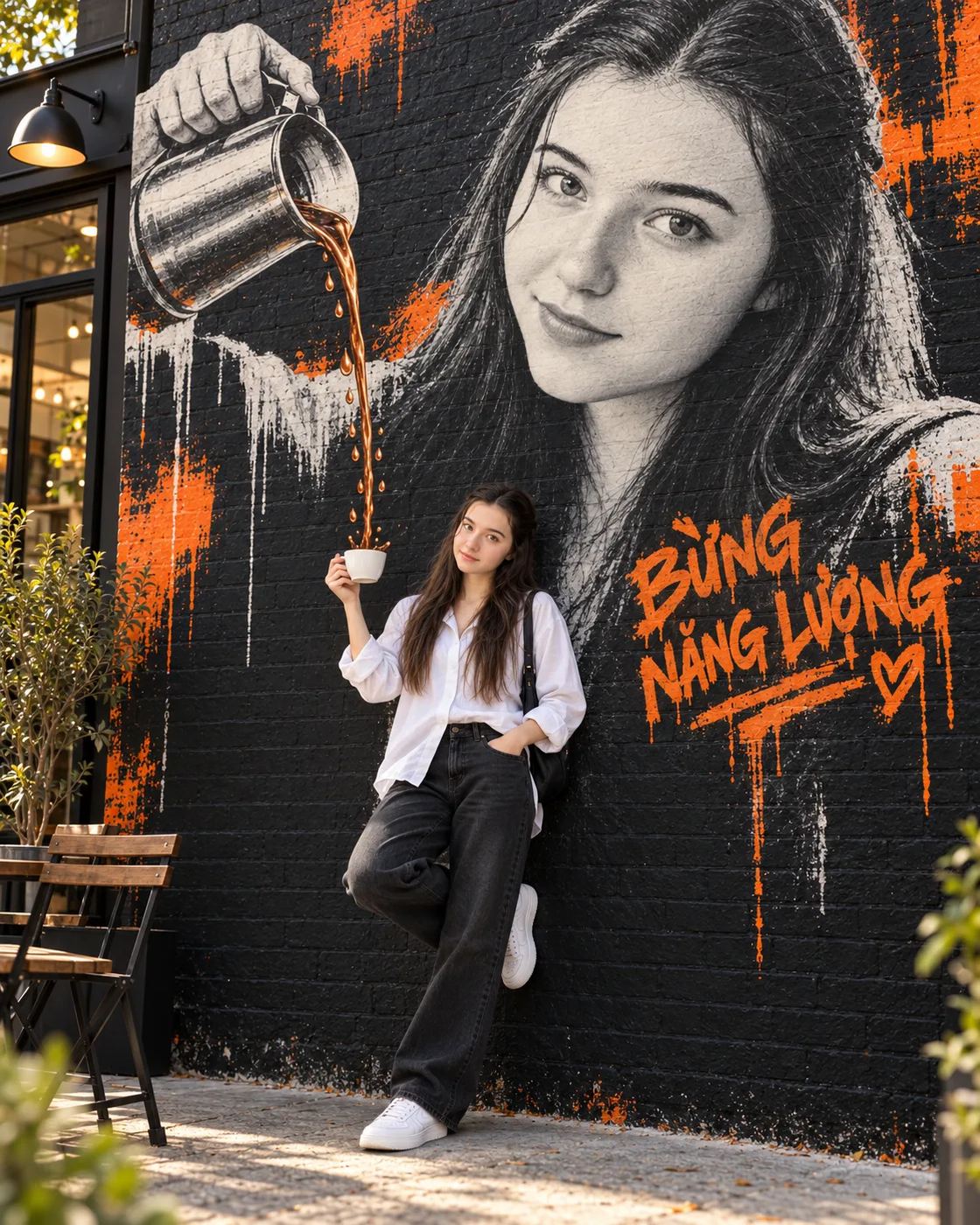ChatGPT generated street style photography of a young woman in a white shirt holding a cup to catch coffee pouring from a giant brick wall mural of herself.