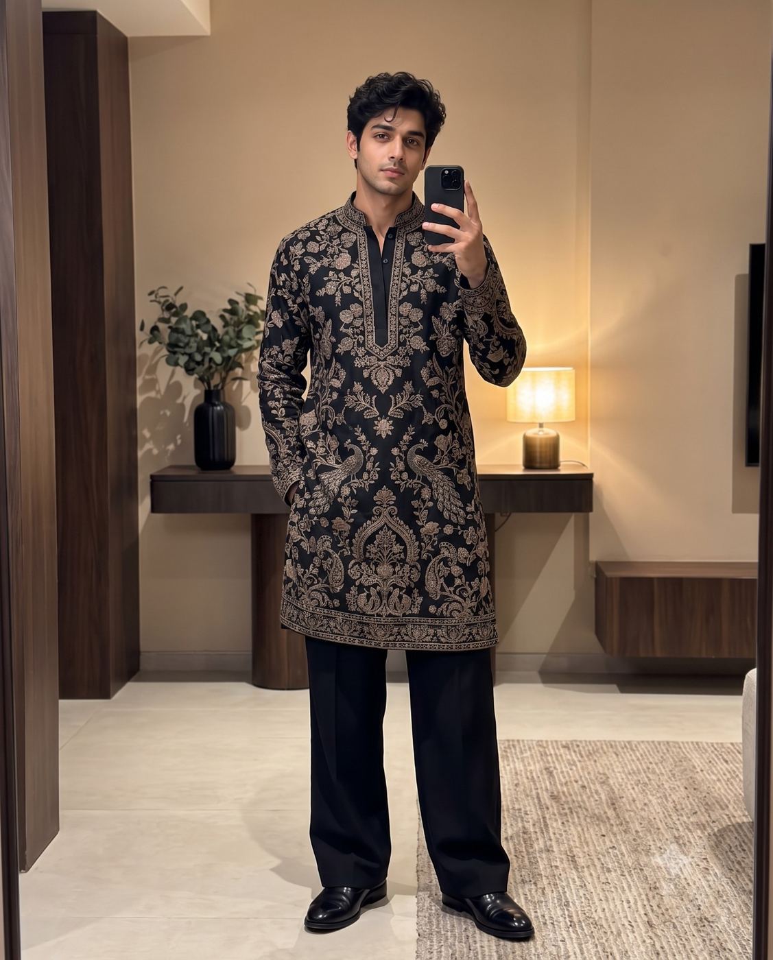 Man in Embroidered Black Kurta Mirror Selfie Lifestyle Portrait AI Photo Editing Prompt. AI generated lifestyle portrait of a handsome young man taking a mirror selfie wearing an intricately embroidered black and gold kurta with black trousers in a modern room.