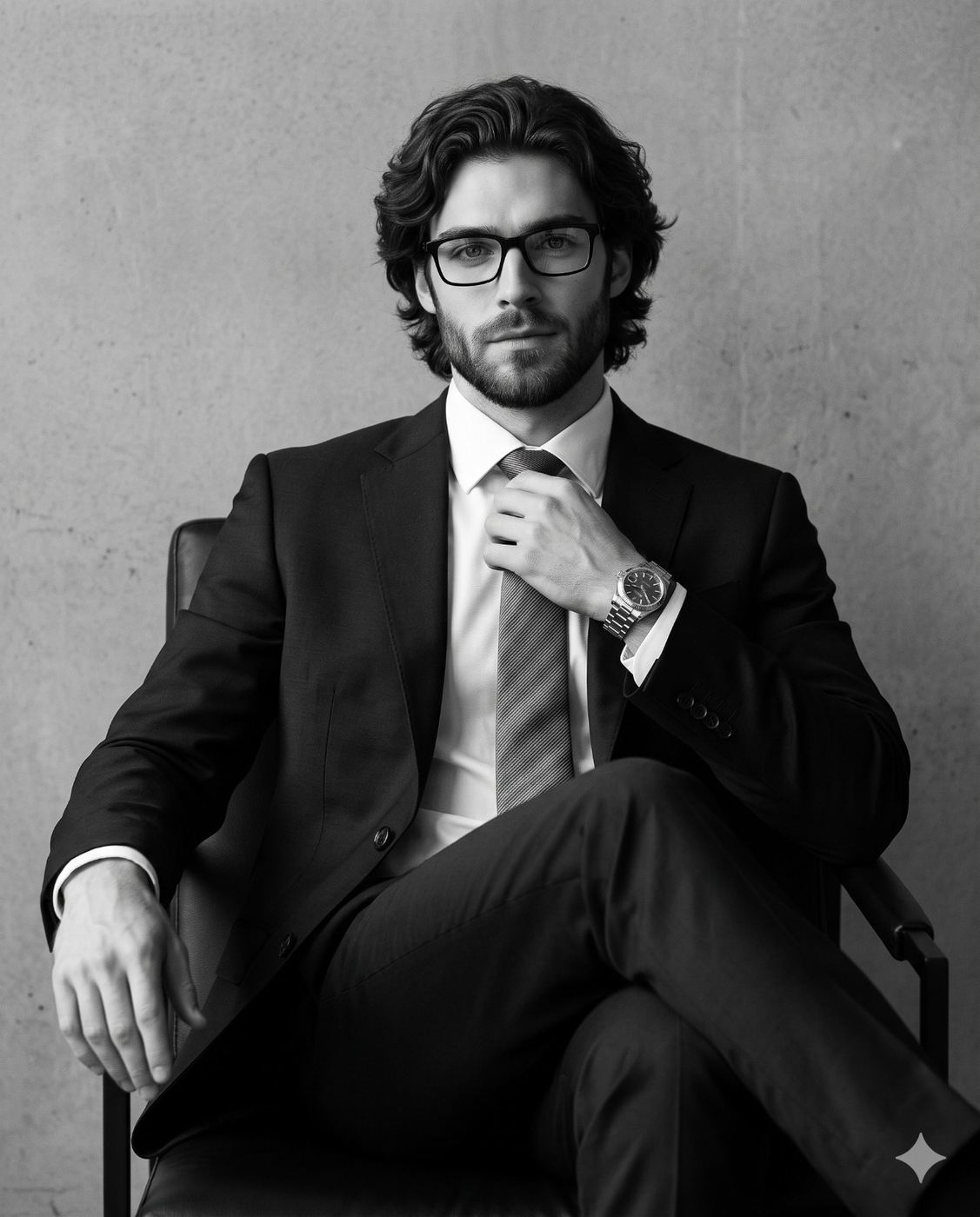 "Monochrome Corporate Portrait AI Photo Editing Prompt. AI generated studio portrait of a bearded businessman with glasses wearing a classic tailored suit and adjusting his tie."