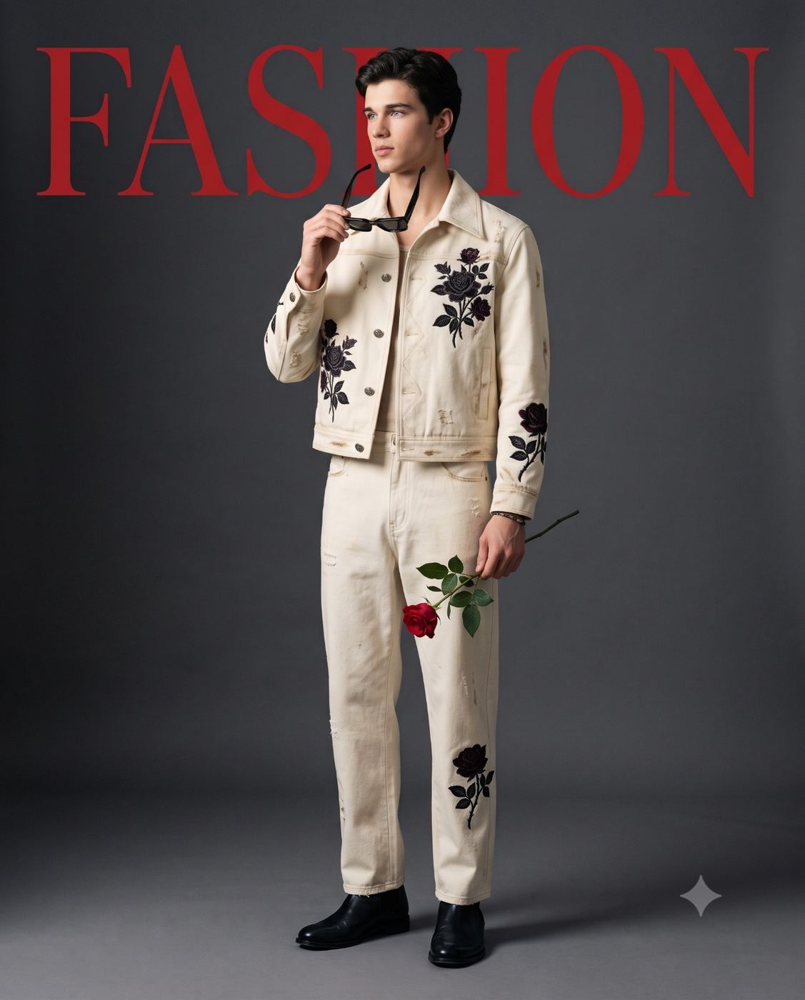Man in Floral Denim Editorial Portrait AI Photo Editing Prompt. AI generated fashion magazine cover of a young man in off-white denim with black roses, holding a red rose.
