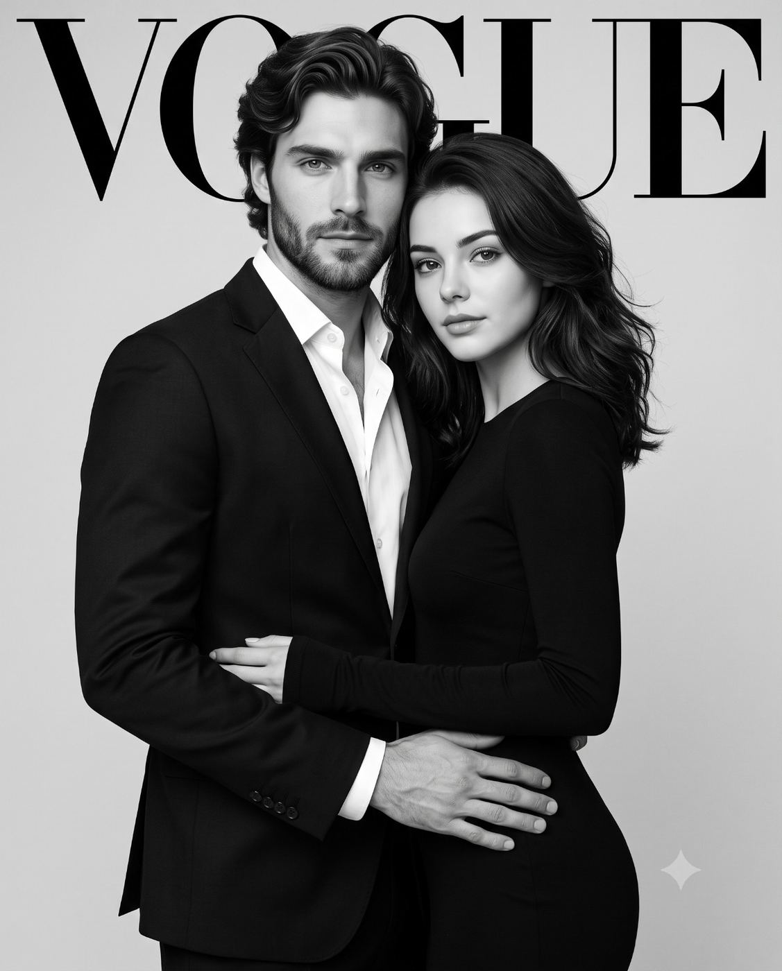 B&W Magazine Couple AI Photo Editing Prompt. AI generated editorial portrait of an elegant couple in black outfits posing for a Vogue cover.