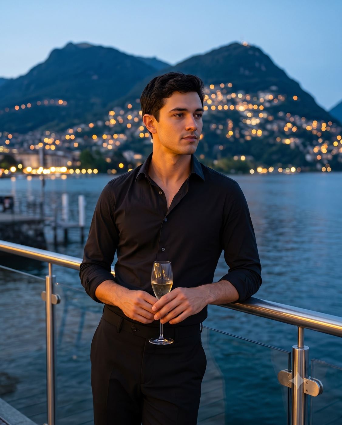 Elegant man holding a wine glass on a balcony at twilight AI Photo Editing Prompt. AI generated cinematic lifestyle portrait of a stylish young man in a black shirt leaning on a glass railing with a scenic lake, mountains, and glowing city lights in the background.