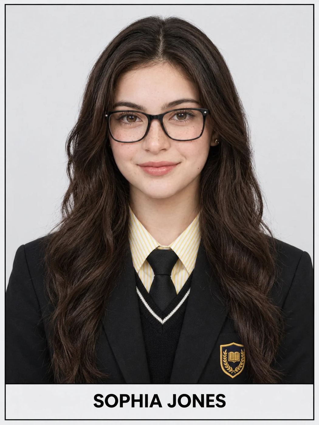 AI Photo Editing Prompt: Clean student ID image of a smiling girl with glasses, wearing a school uniform, with a name strip below.