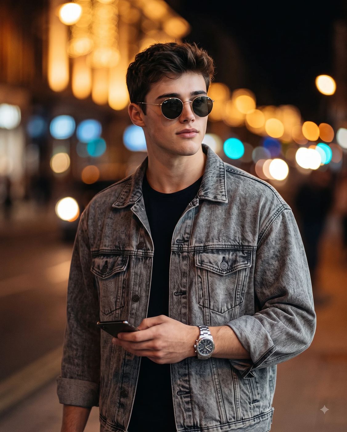 Aesthetic Night Street Style AI Photo Editing Prompt. AI-generated portrait of a young man in a grey denim jacket and sunglasses holding a phone against a bokeh-lit city street at night.