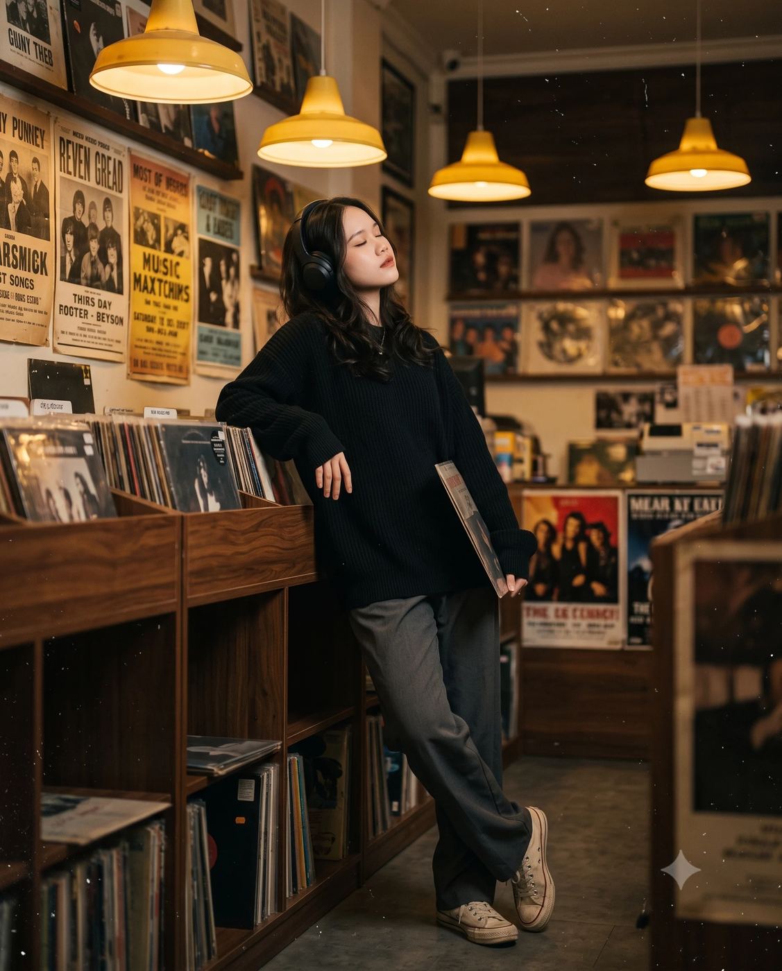 Gemini AI Generated Photorealistic cinematic portrait of a young woman listening to music in a vintage record store