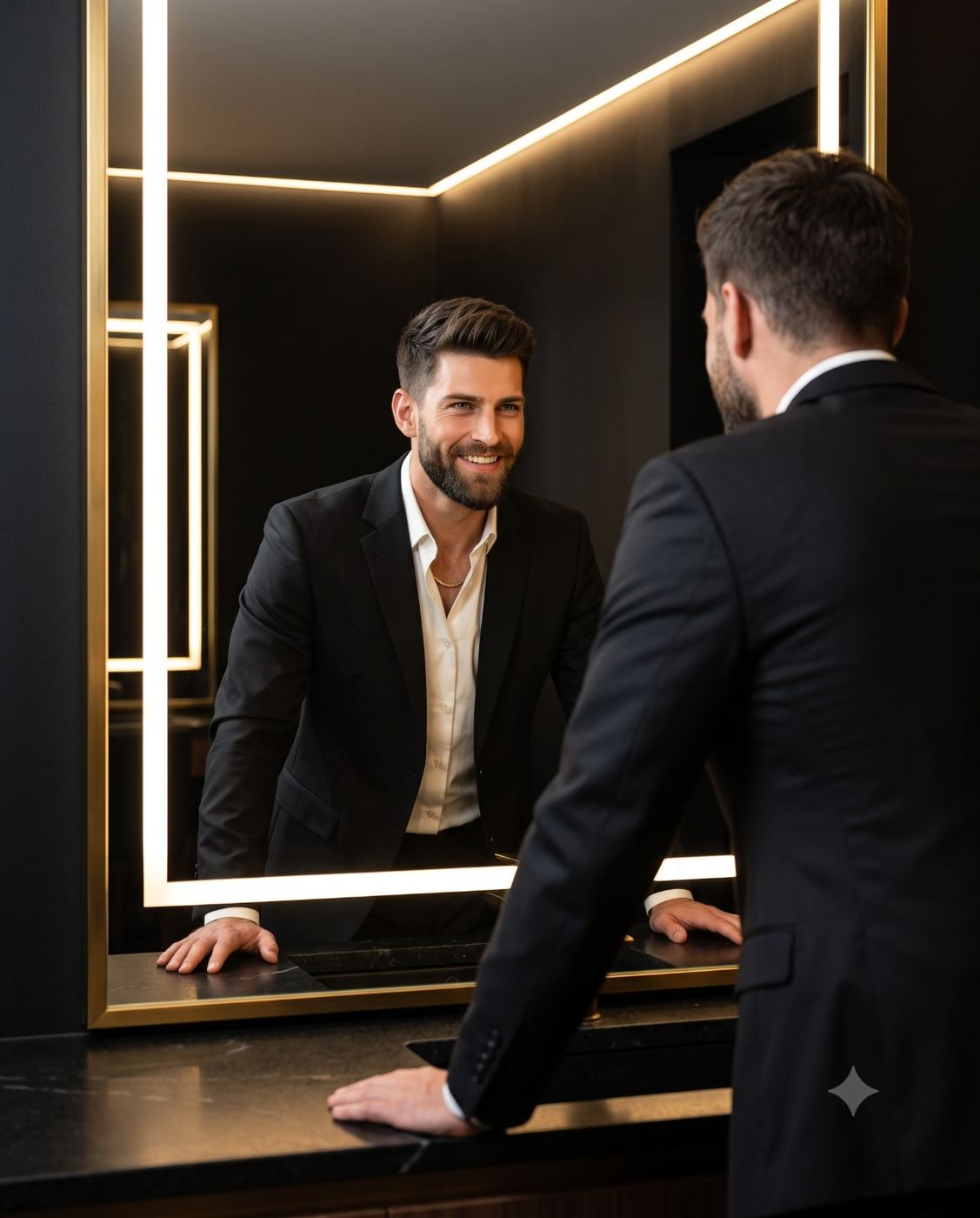 Man in Suit with LED Mirror Portrait AI Photo Editing Prompt. AI generated studio portrait of a smiling man in a black suit looking into his reflection in a large, glowing rectangular LED mirror within a dark-themed vanity room.