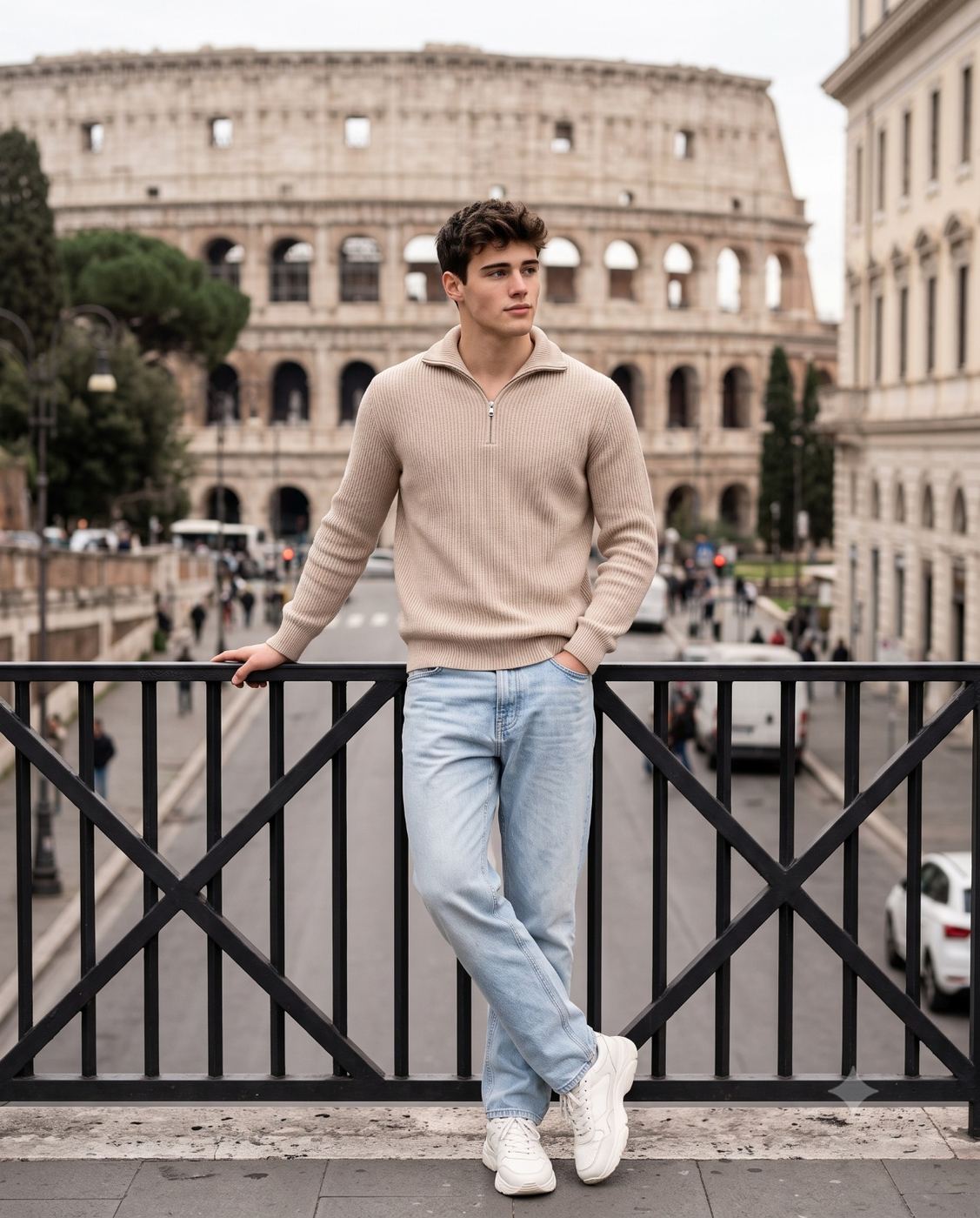 Stylish Man at Colosseum Travel Lifestyle Portrait AI Photo Editing Prompt. AI generated travel portrait of a handsome young man in a beige half-zip sweater leaning casually against a railing with the Roman Colosseum in the background.