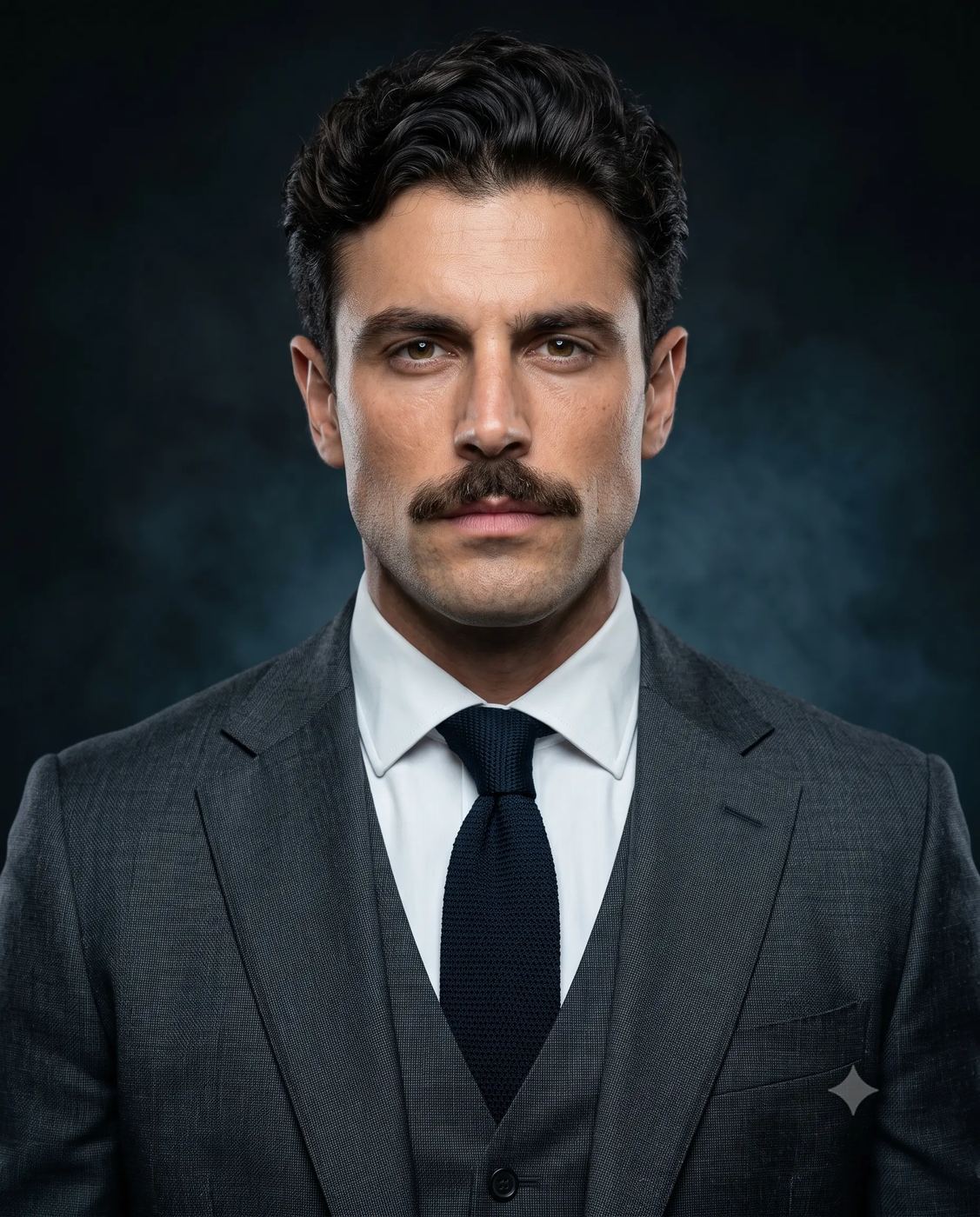 Corporate Executive Portrait AI Photo Editing Prompt. AI generated studio portrait of a handsome man with a mustache wearing a grey three-piece suit and navy tie.