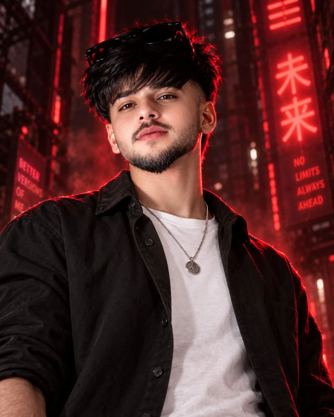 AI-generated portrait of a stylish young man wearing a black overshirt and silver pendant, illuminated by bright red neon rim lighting against a dark cyberpunk city background.