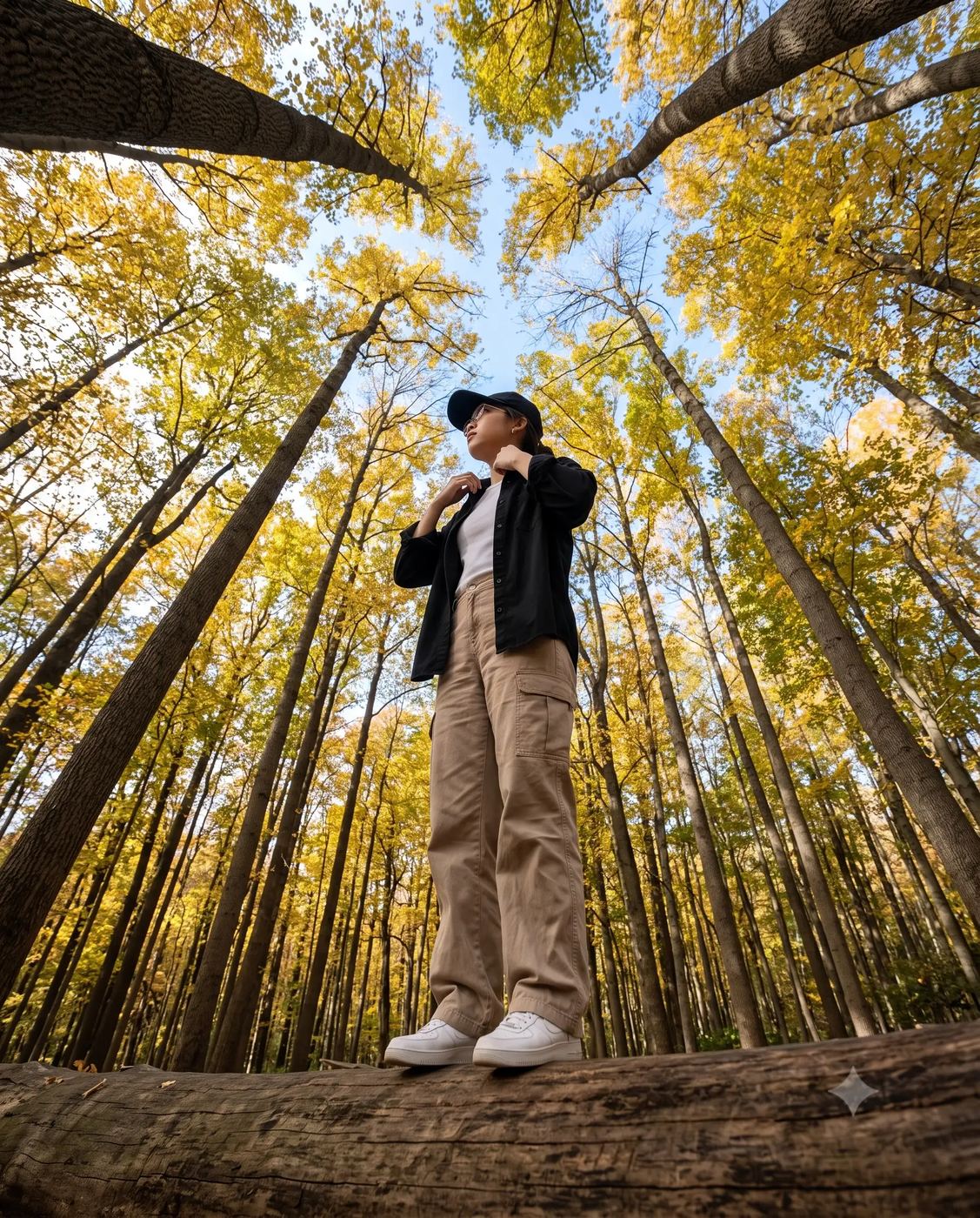 Dramatic Low-Angle Autumn Portrait AI Photo Editing Prompt. AI generated outdoor portrait of a young woman wearing a cap and cargo pants, standing on a fallen log beneath towering yellow trees.