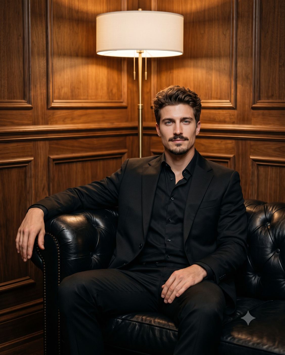 Elegant Man on Leather Sofa Portrait AI Photo Editing Prompt. AI generated cinematic portrait of a handsome man in a black suit sitting in a wood-paneled room.