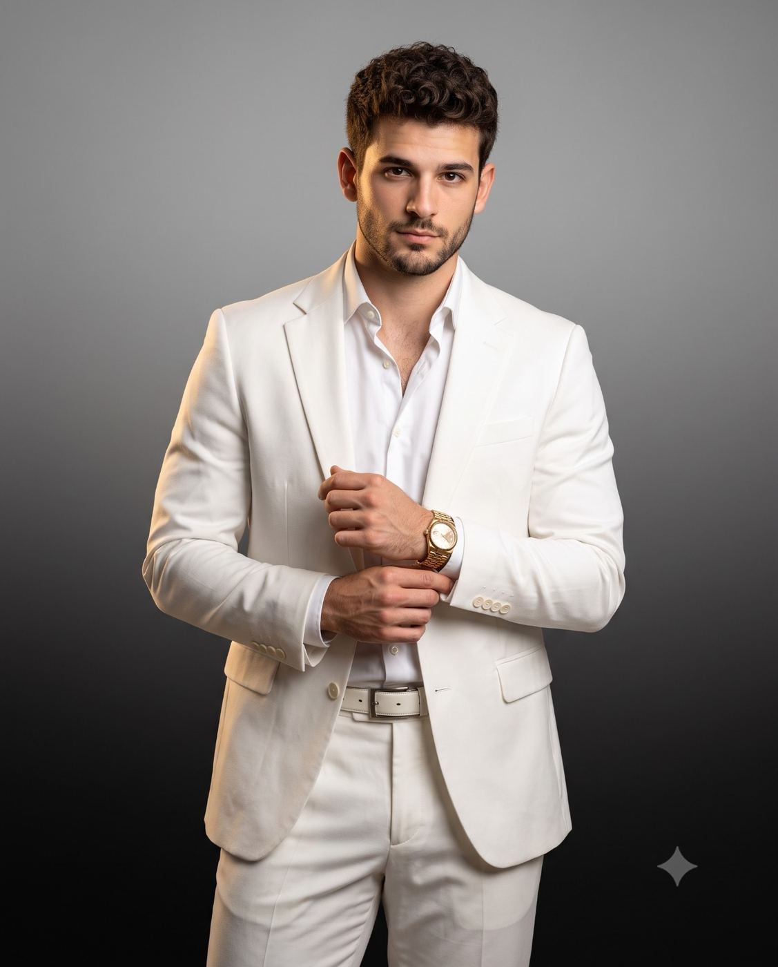 Man in White Suit Studio Portrait AI Photo Editing Prompt. AI generated studio portrait of a handsome young man with a short beard wearing an elegant white suit and a gold watch, adjusting his cuff against a smooth gray gradient background.
