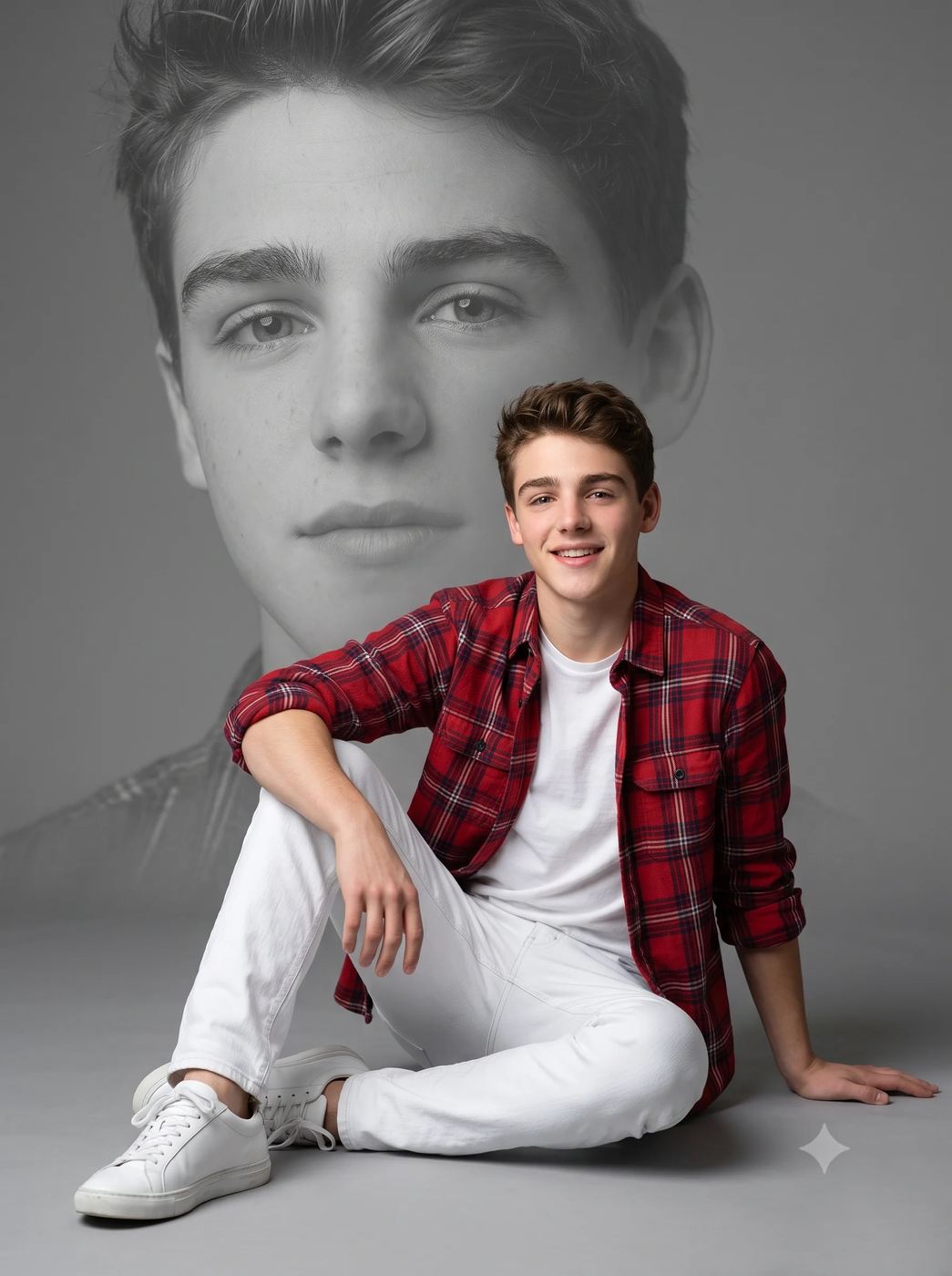 Double Exposure Photography AI Photo Editing Prompt. AI generated studio portrait of a smiling boy in a red plaid shirt sitting against a grey background with a large faded face behind him.