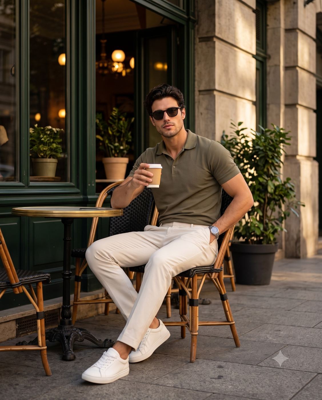 Stylish Man at Cafe Outdoor Portrait AI Photo Editing Prompt. AI generated lifestyle portrait of a handsome man wearing sunglasses, an olive polo shirt, and white trousers, sitting outside a European cafe holding a coffee cup.
