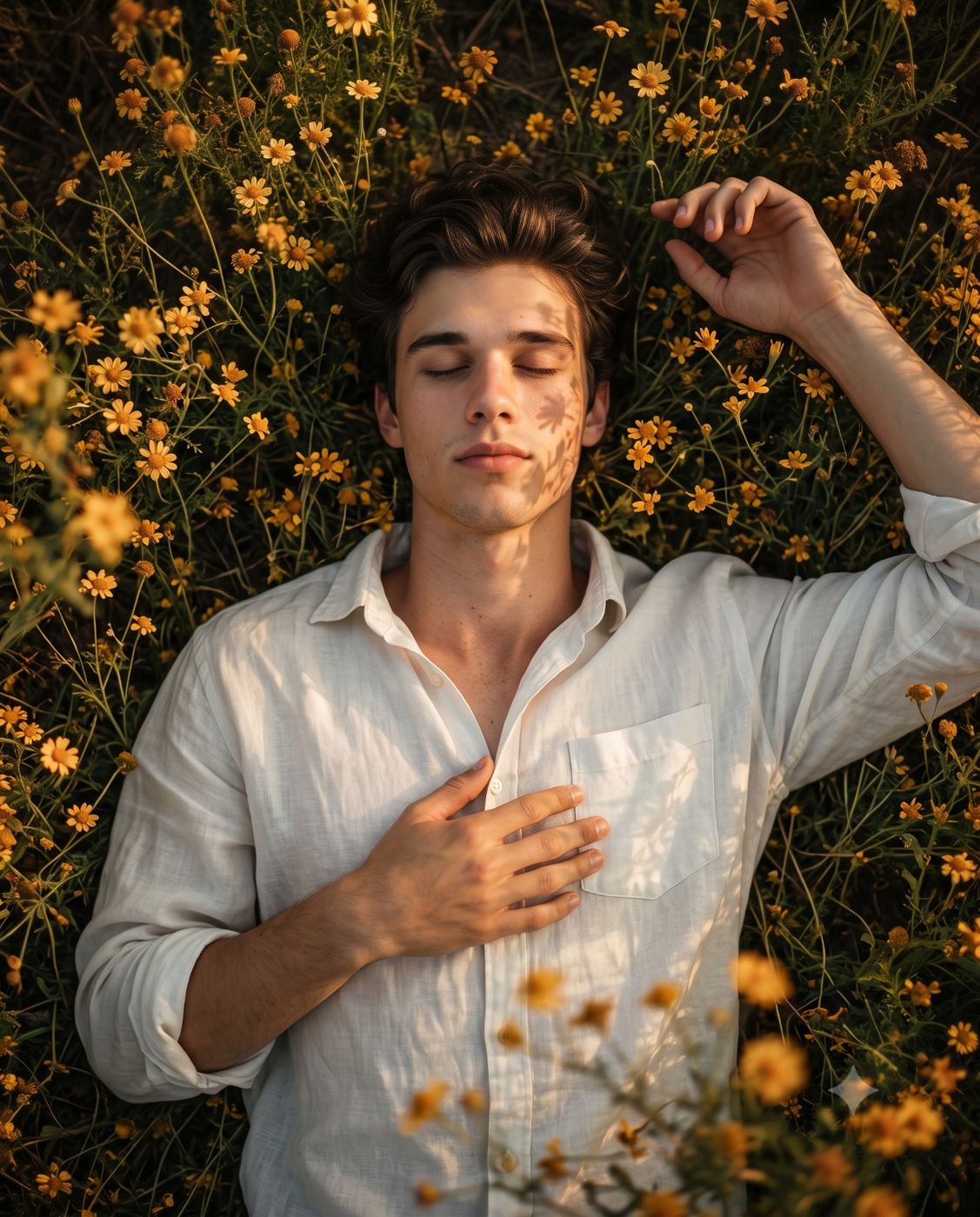 Peaceful Man in Yellow Flowers AI Photo Editing Prompt. AI generated nature portrait of a young man with closed eyes wearing a white shirt, lying peacefully in a field of yellow daisies.