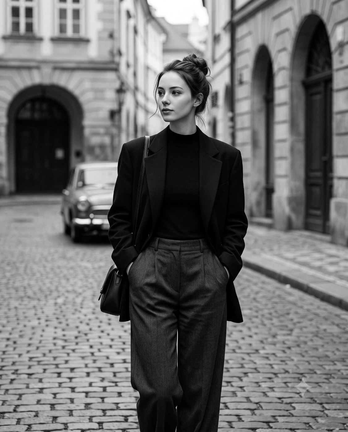 Woman in Blazer and Trousers AI Photo Editing Prompt. AI generated classic street fashion portrait of a stylish woman with a chic bun, wearing an oversized black blazer and wide-leg grey trousers, walking on a cobblestone street.