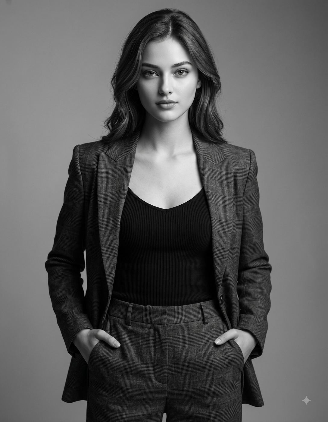 Woman in Plaid Blazer Suit Black and White Studio Portrait AI Photo Editing Prompt. AI generated portrait of a young woman with wavy hair wearing a checked blazer and black top, posing confidently in a monochrome studio setting.