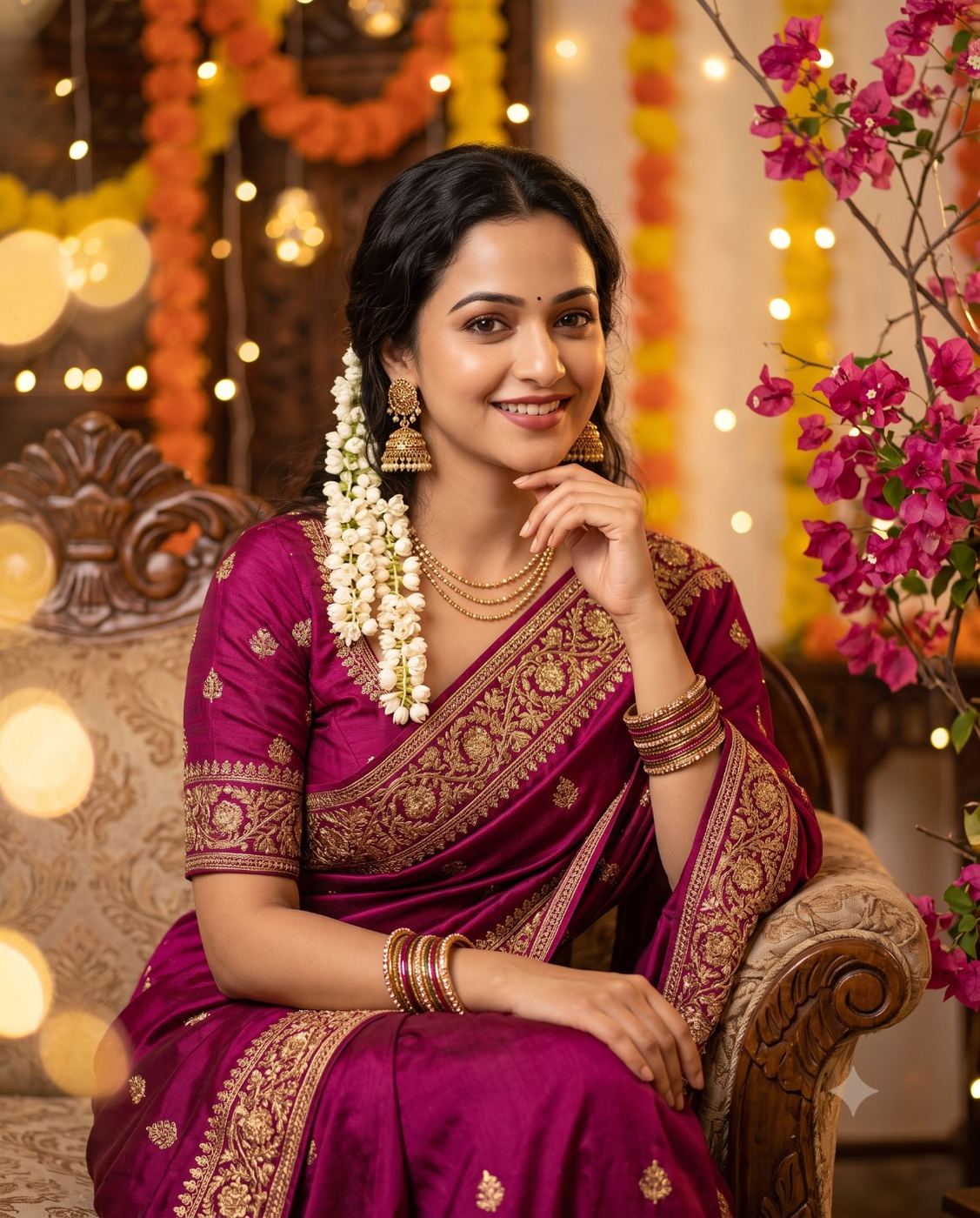Festive Indian Saree Portrait AI Photo Editing Prompt. AI generated festive portrait of a smiling woman wearing a magenta silk saree, gajra flowers, and jewelry, seated amidst decorative lights and bougainvillea.