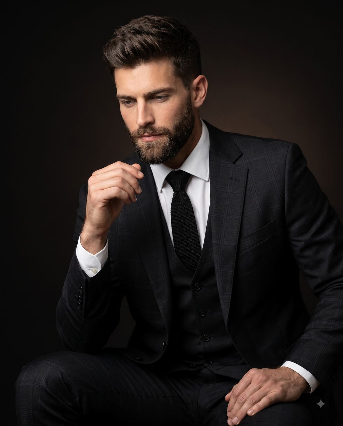 Thoughtful Bearded Man in a Dark Suit Studio Portrait AI Photo Editing Prompt. AI generated studio portrait of a handsome, thoughtful bearded man wearing a dark three-piece suit and tie against a dark background.