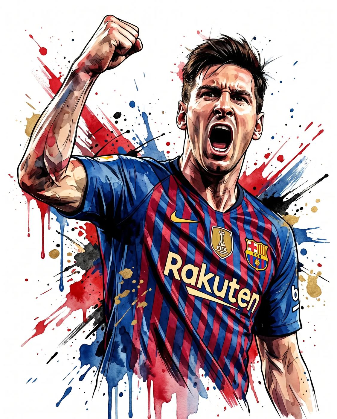 Triumphant Soccer Player Watercolor Art AI Photo Editing Prompt. AI generated digital illustration of a shouting footballer in a striped jersey raising his fist with vibrant red and blue paint splatters.