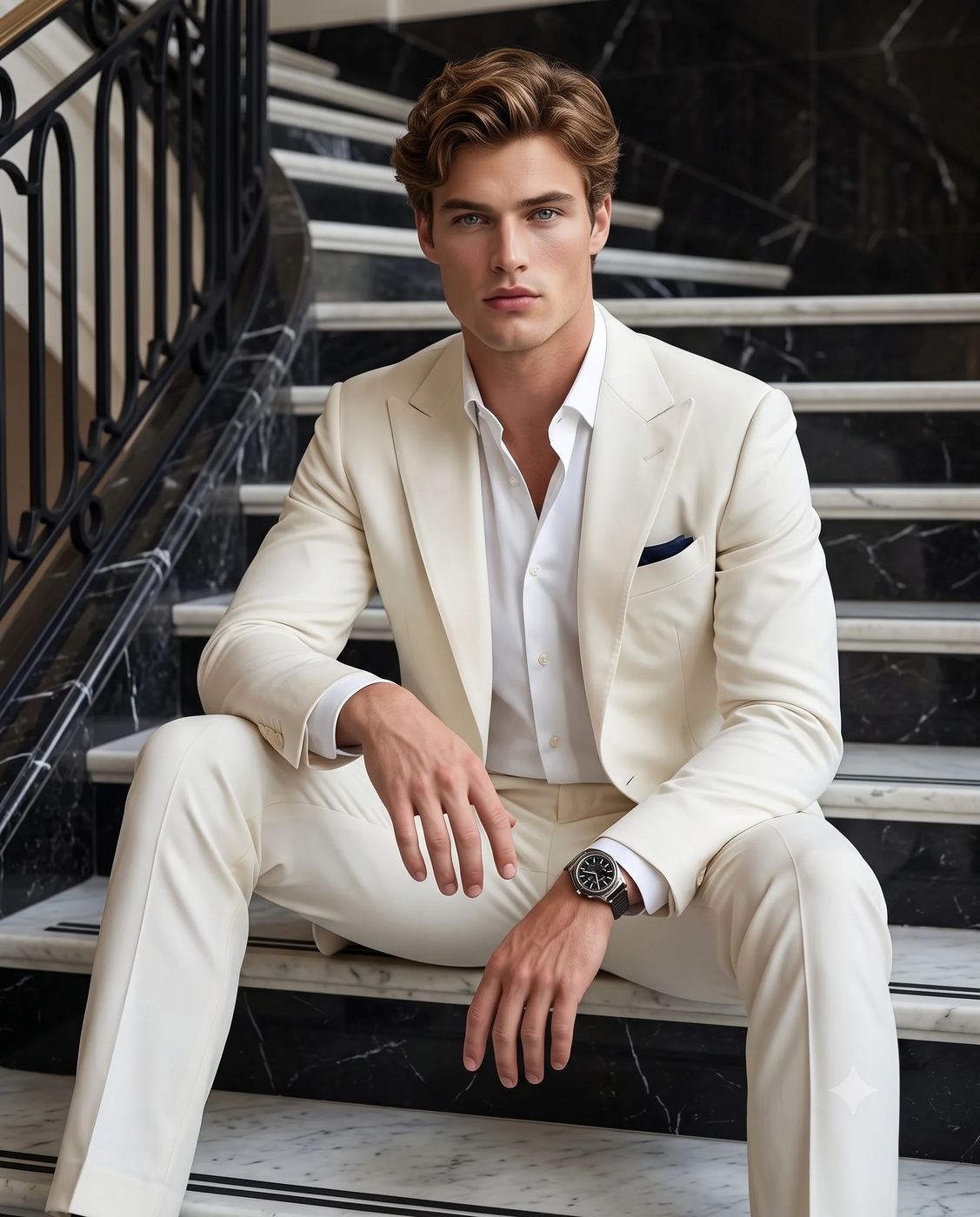 Luxury fashion portrait AI Photo Editing Prompt. AI generated portrait of a man in a tailored white suit and luxury watch sitting centered on a black and white marble staircase.