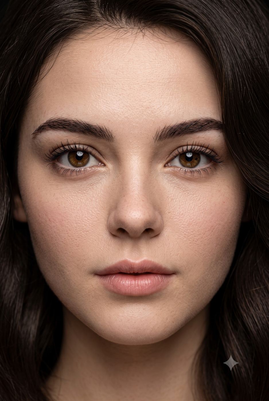 Close Up Beauty Portrait of Woman AI Photo Editing Prompt. AI generated macro photography portrait of a beautiful young woman's face featuring highly detailed skin texture, natural makeup, and brown eyes looking directly at the camera.