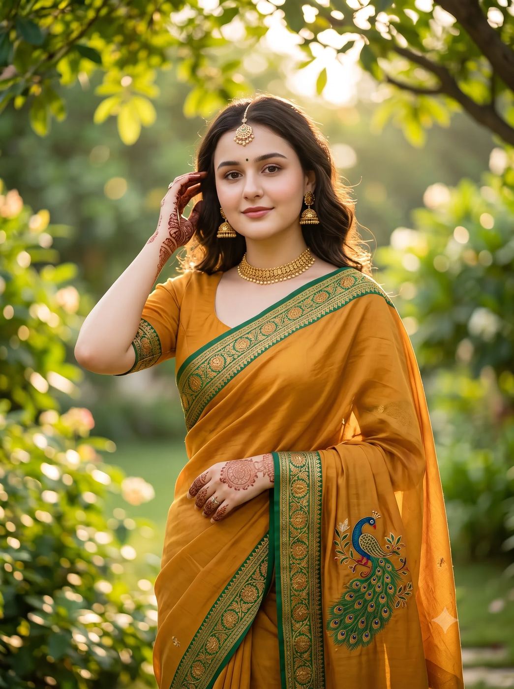 Indian Saree Portrait AI Photo Editing Prompt. AI generated portrait of an Indian woman wearing a mustard yellow saree with a peacock pallu, henna-covered hands, and traditional gold jewelry in a garden setting.