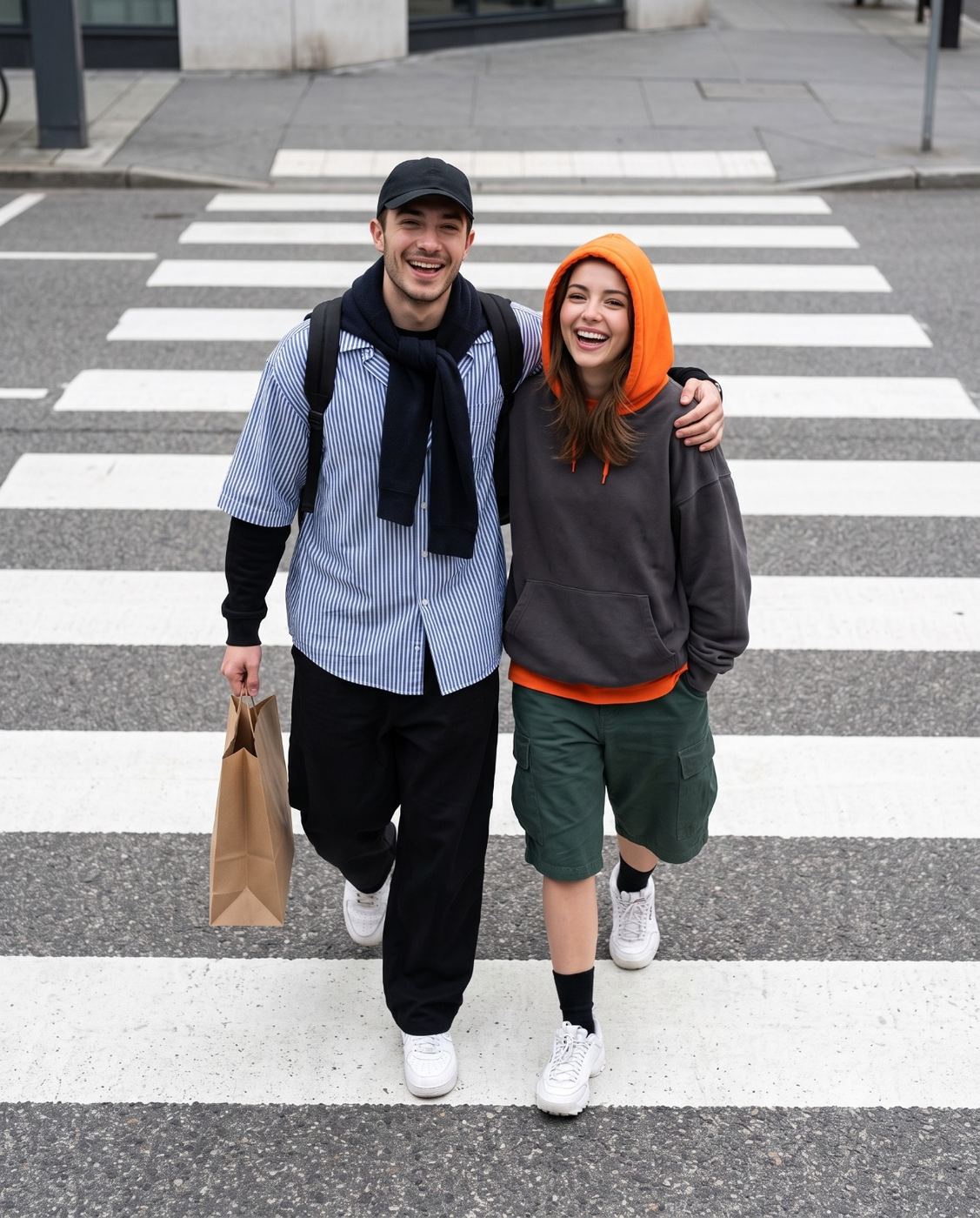 Smiling Couple on Street Crossing Photo AI Photo Editing Prompt. AI generated candid street portrait of a happy man in a striped shirt and cap, and a laughing woman in a grey and orange hoodie walking on a zebra crossing with a shopping bag.