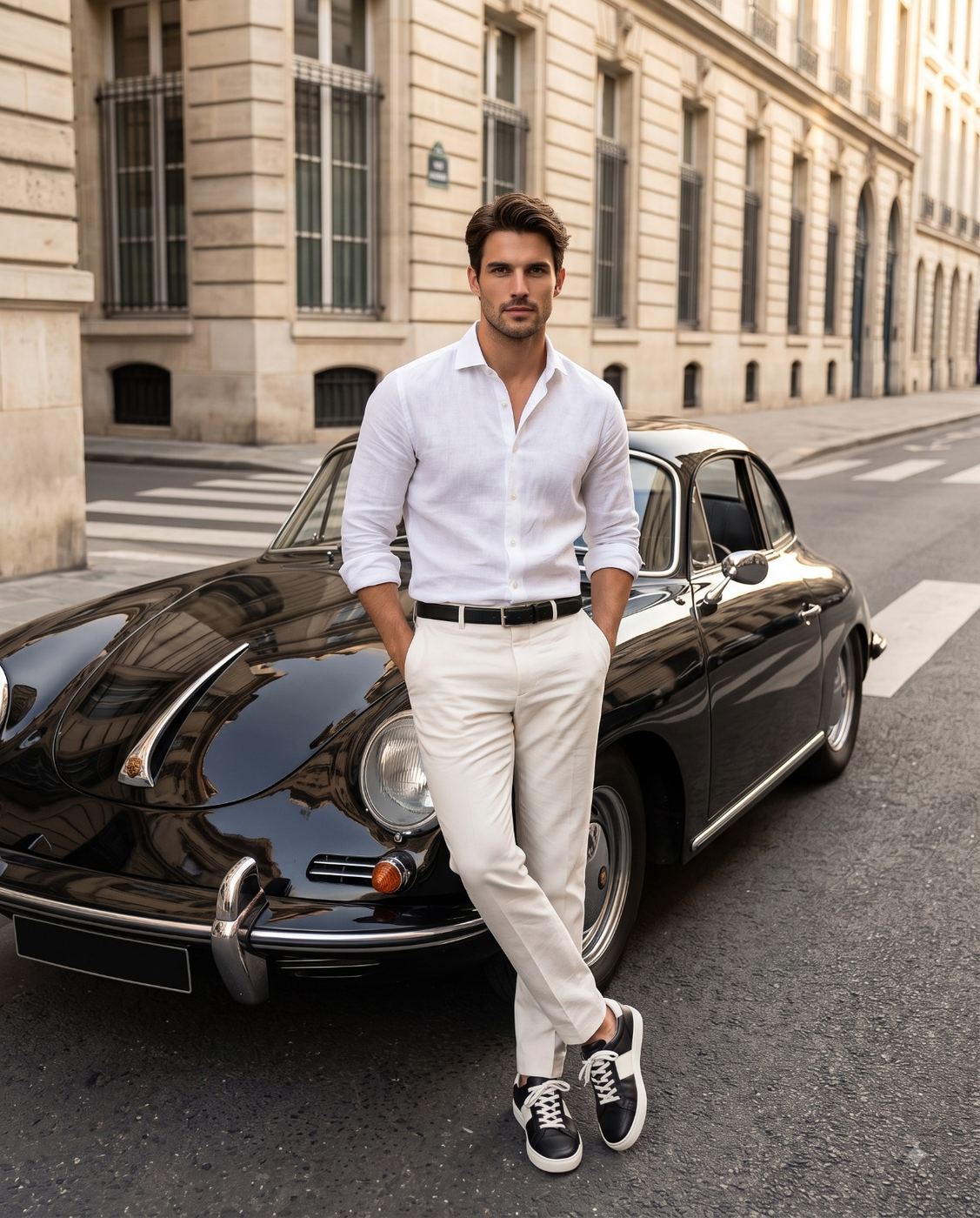 Stylish man with classic black car urban fashion portrait AI Photo Editing Prompt. AI generated street style portrait of a handsome man in a white linen shirt and cream trousers leaning against a vintage black sports car on a city street.